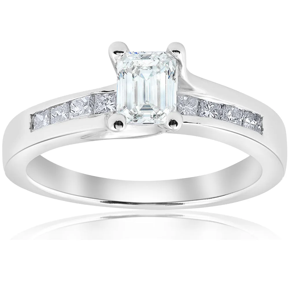 1 1/2ct Emerald Cut Diamond Enhanced Engagement Ring 14k White Gold