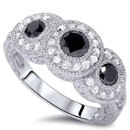 1 1/2ct Vintage Black Diamond 3-Stone Ring 14k White Gold