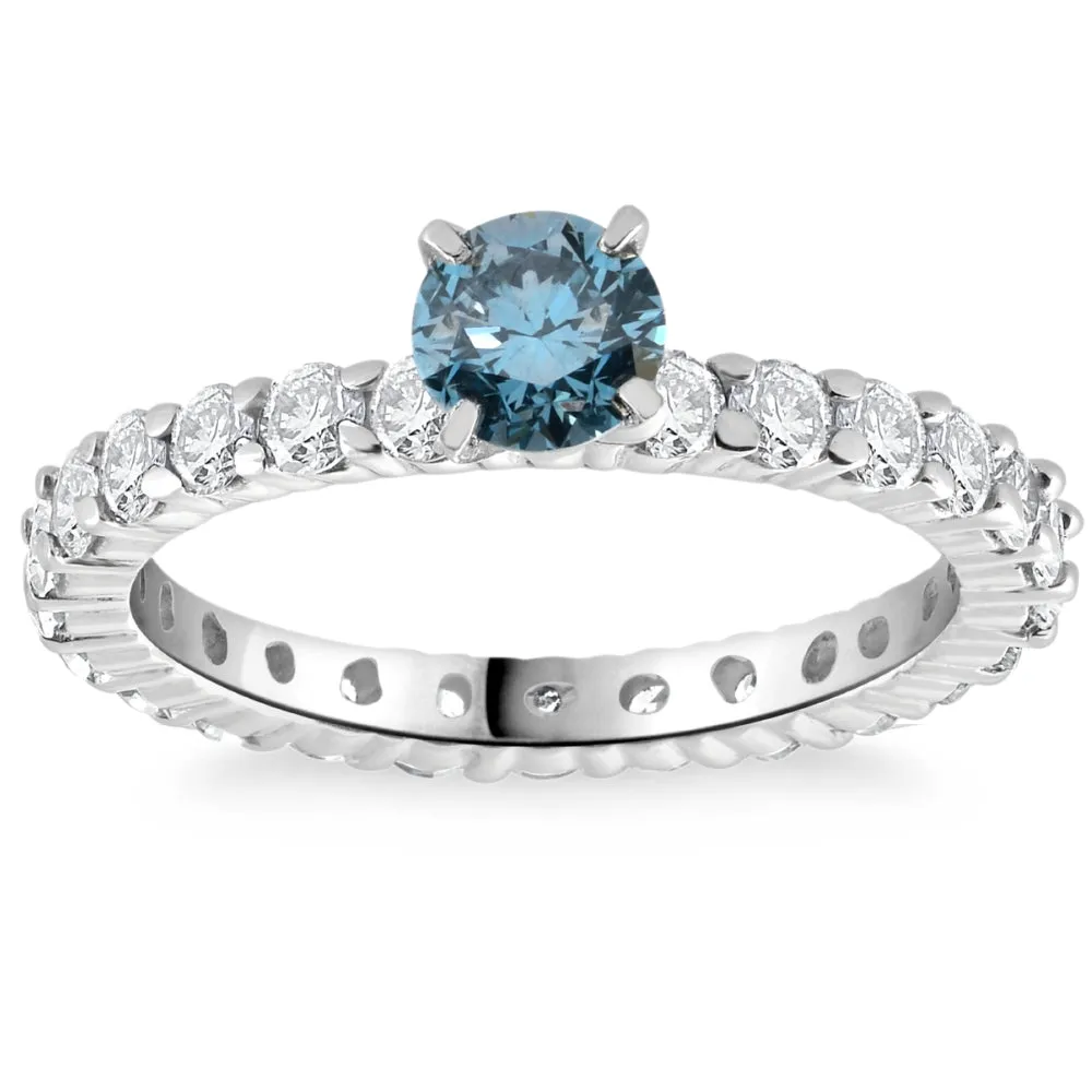 1 1/3Ct Blue & White Diamond Eternity Engagement Ring 14k White Gold