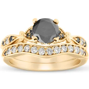 1 3/4 Ct Black & White Diamond Engagement Wedding Ring Set 10k Yellow Gold