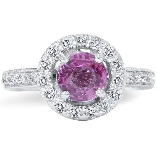 1 5/8ct Pink Sapphire & Diamond Vintage Engagement Ring 14K White Gold