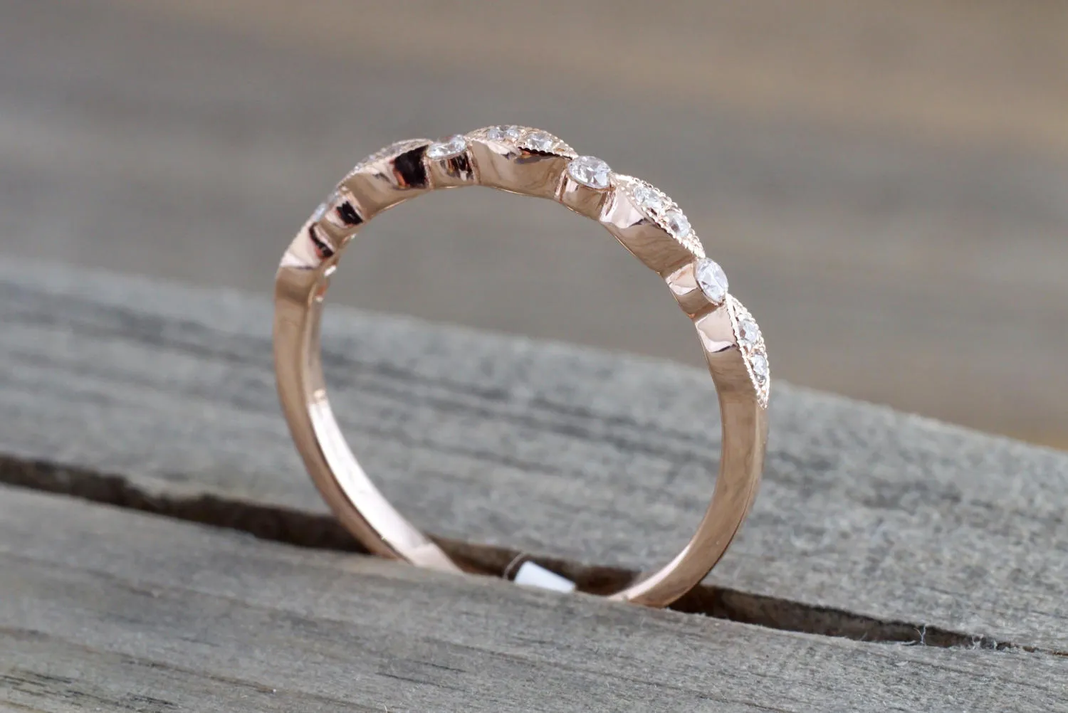 14k Rose Gold Diamond Vintage Milgrain Bezel Band Ring Wedding