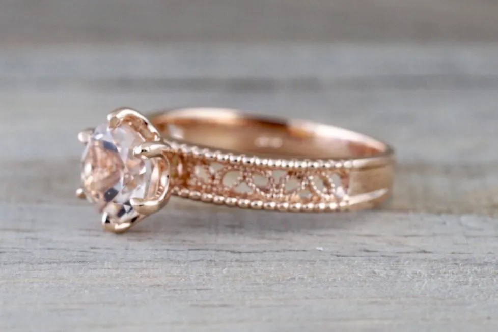 14k Rose Gold Round Morganite Diamond Ring Crown Vintage Design