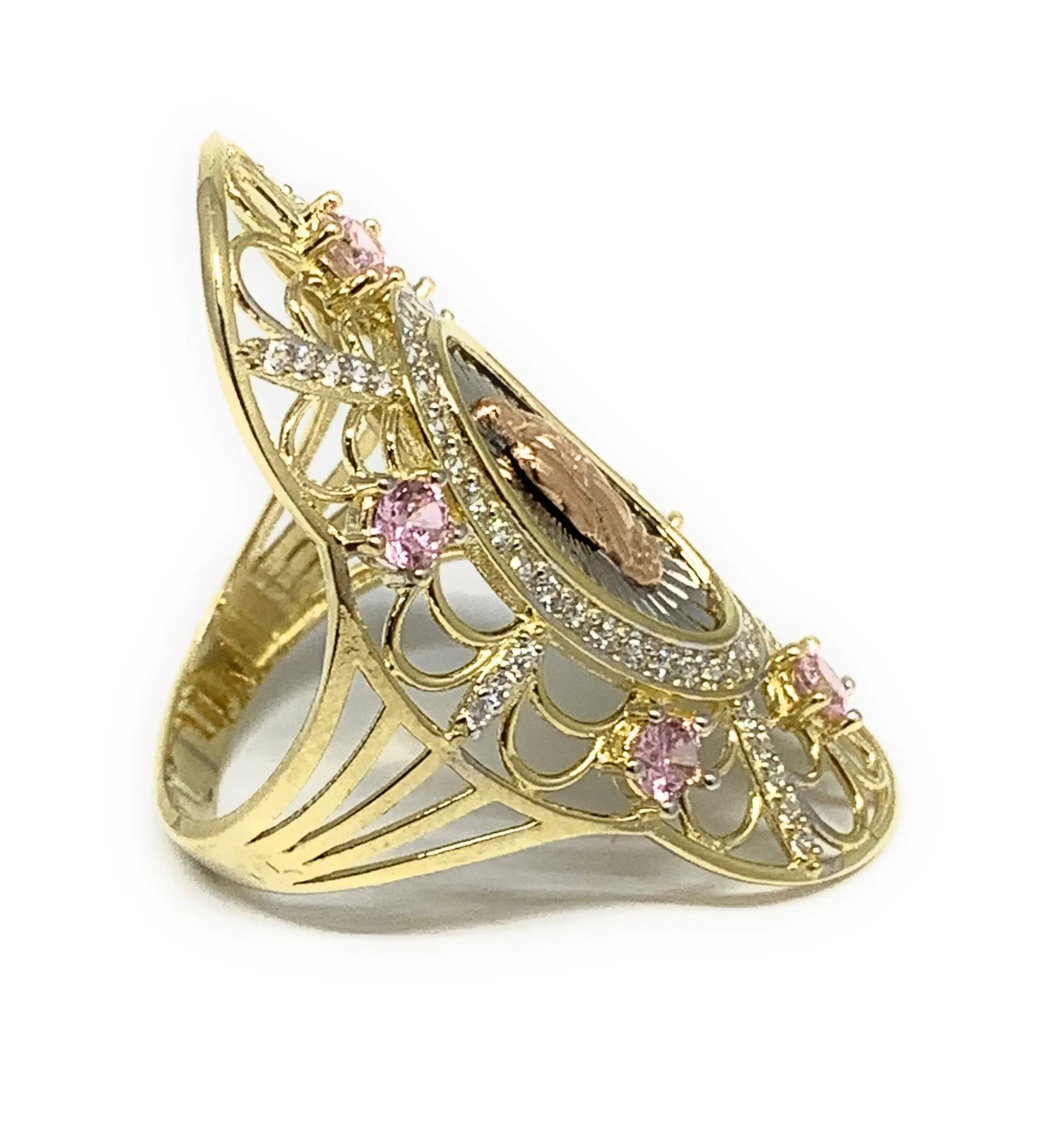 14k Solid Gold Tri-Color Virrgin Mary Pink CZ Fancy Elegant Long Oval Ring