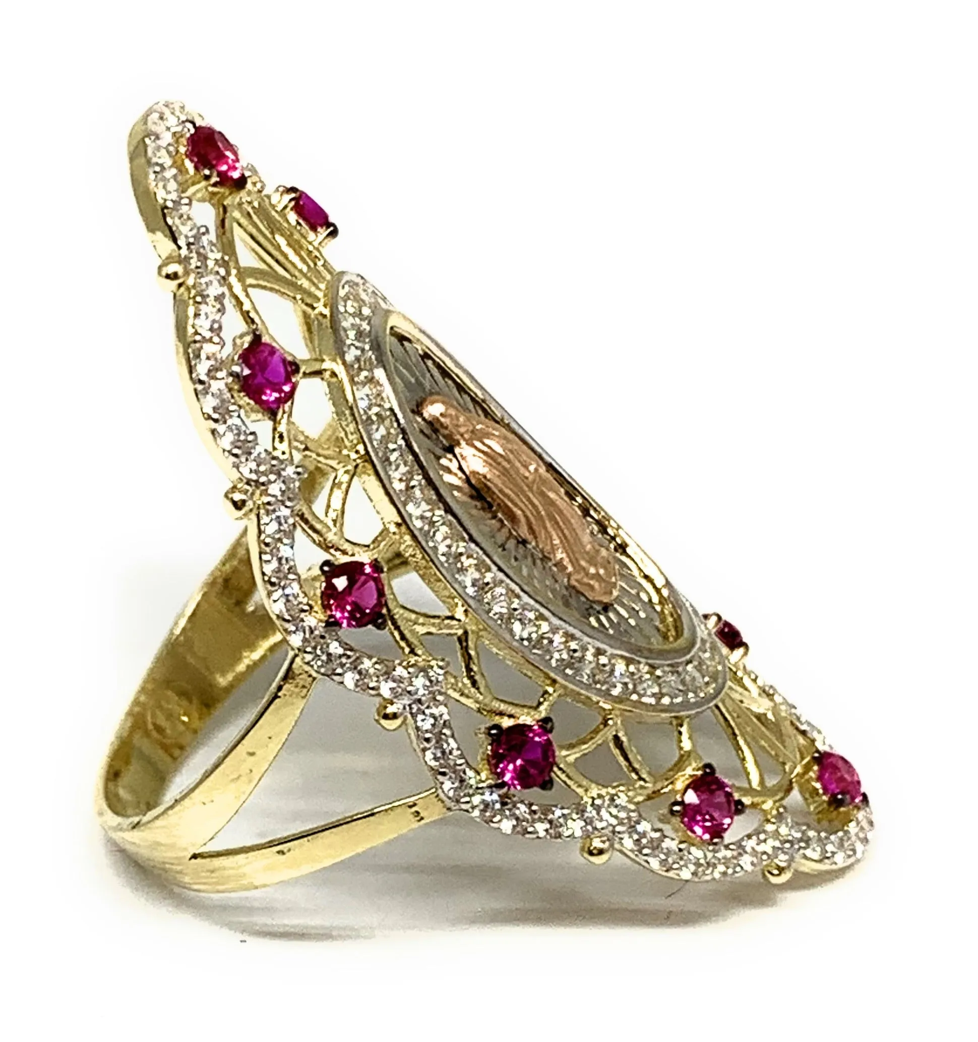 14k Solid Gold Tri-Color Virrgin Mary Red CZ Fancy Elegant Filigran Long Oval Ring