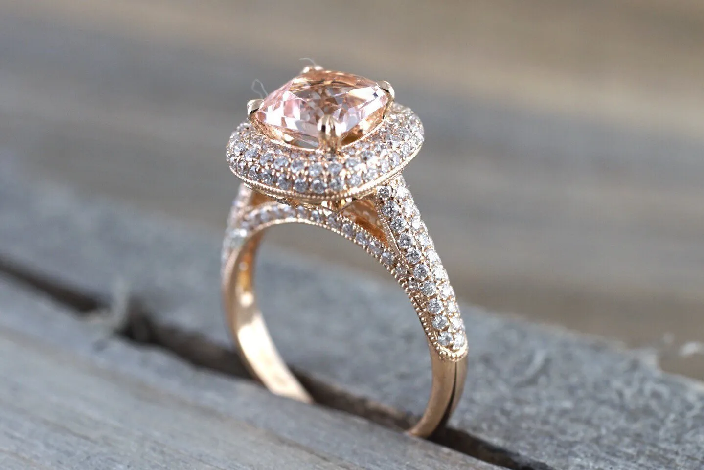 18k Rose Gold Pave Halo Cushion Morganite Peach Beige Diamond Halo Engagement Ring Vintage