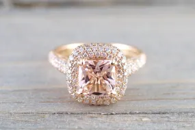 18k Rose Gold Pave Halo Cushion Morganite Peach Beige Diamond Halo Engagement Ring Vintage