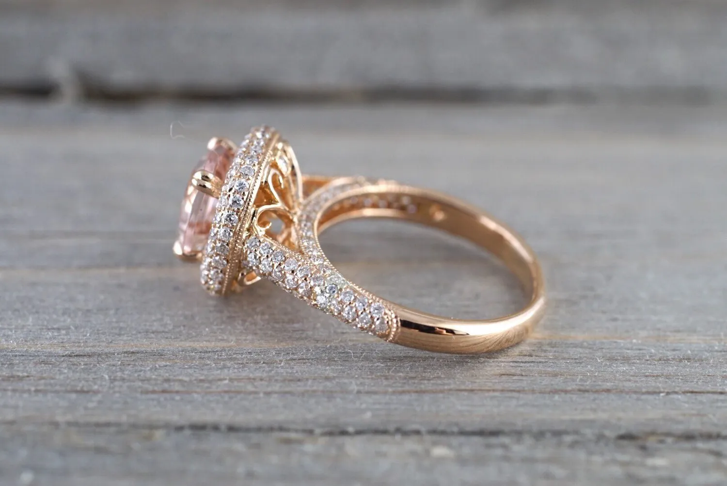 18k Rose Gold Pave Halo Cushion Morganite Peach Beige Diamond Halo Engagement Ring Vintage