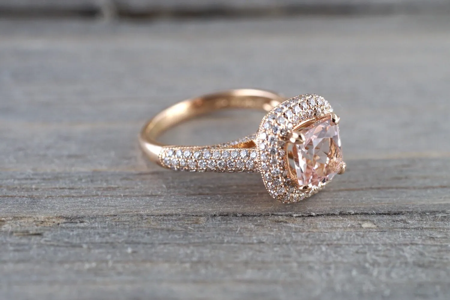 18k Rose Gold Pave Halo Cushion Morganite Peach Beige Diamond Halo Engagement Ring Vintage