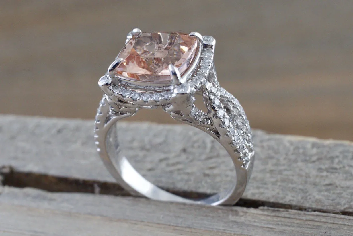 18k White Gold Cushion Cut Morganite Diamond Halo Engagement Ring Vintage Vine Checkerboard 14mm