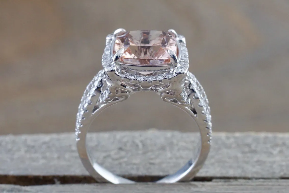 18k White Gold Cushion Cut Morganite Diamond Halo Engagement Ring Vintage Vine Checkerboard 14mm