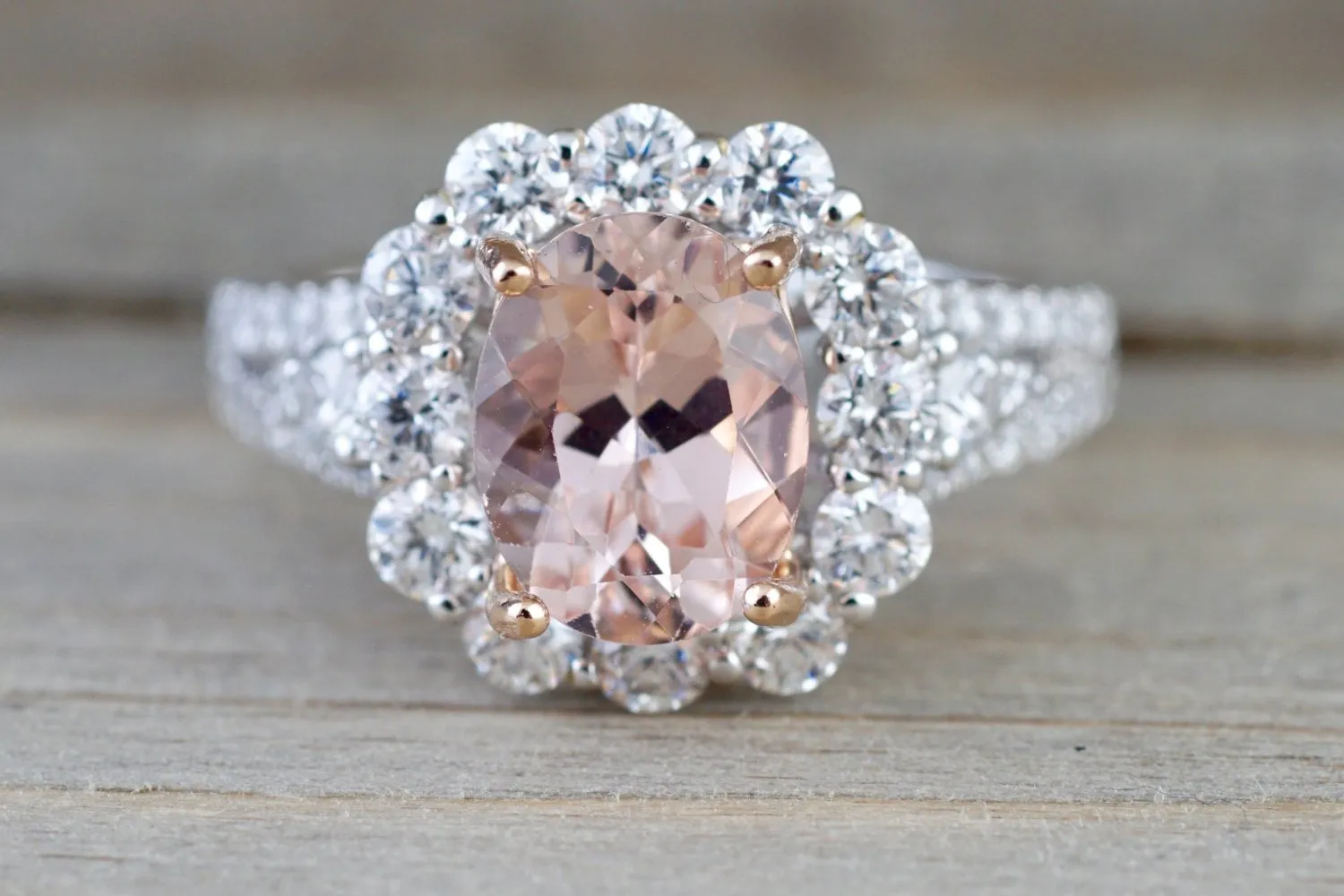 18k White Gold Elongated Cushion Cut Morganite Diamond Halo Ring Vintage Double Row