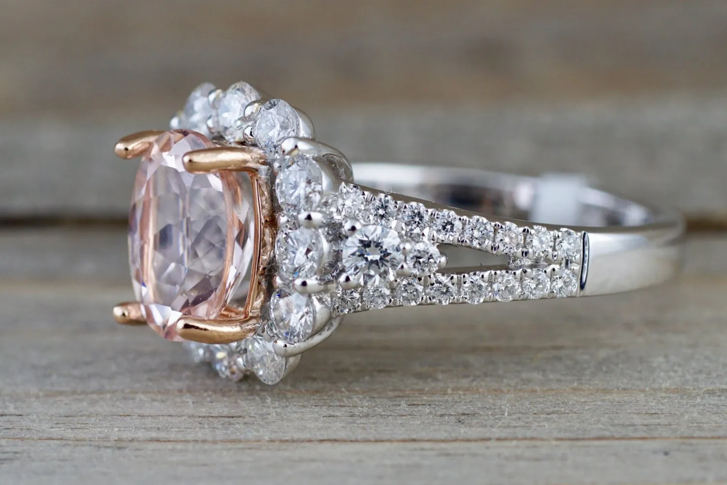 18k White Gold Elongated Cushion Cut Morganite Diamond Halo Ring Vintage Double Row