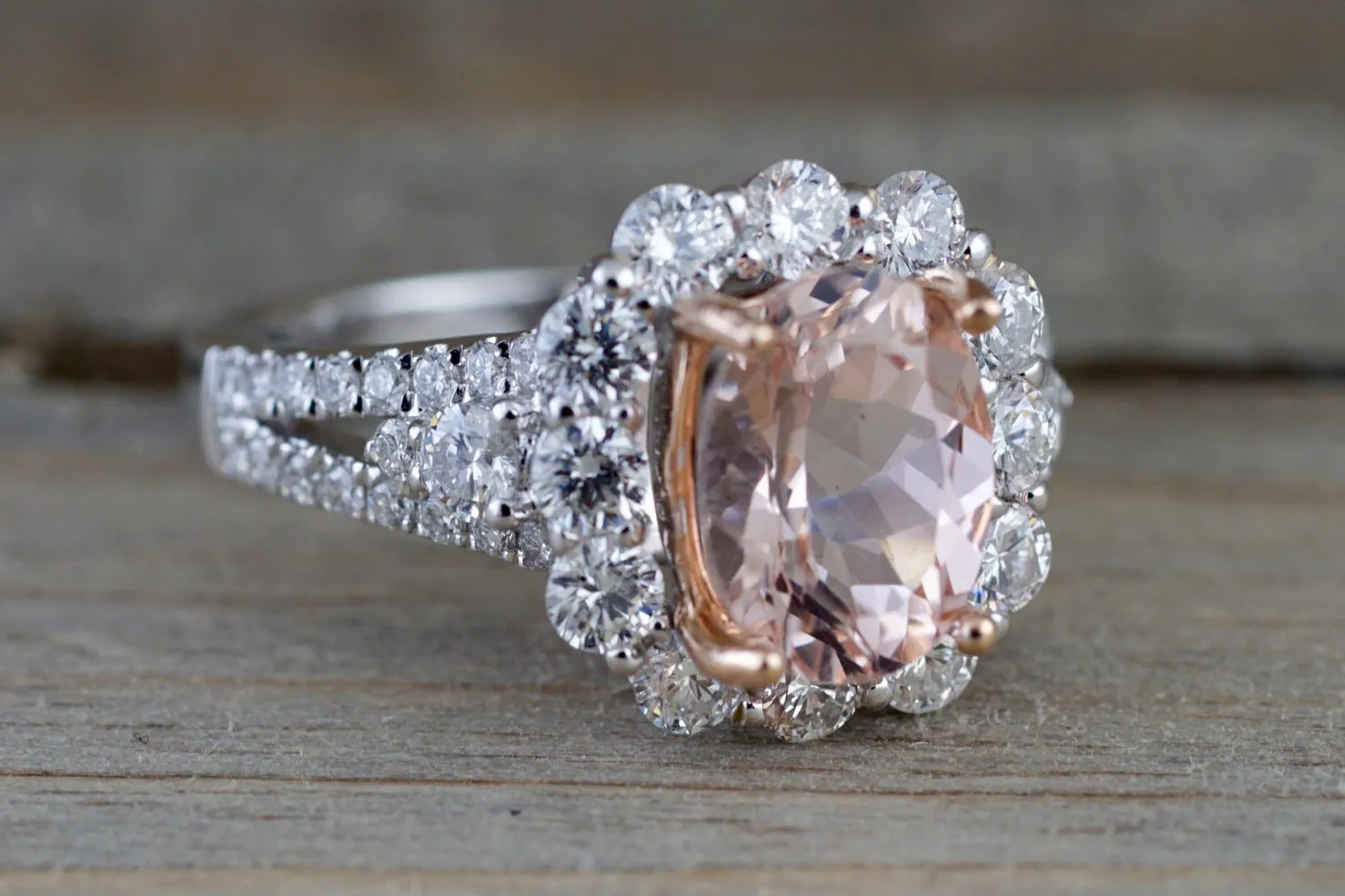 18k White Gold Elongated Cushion Cut Morganite Diamond Halo Ring Vintage Double Row