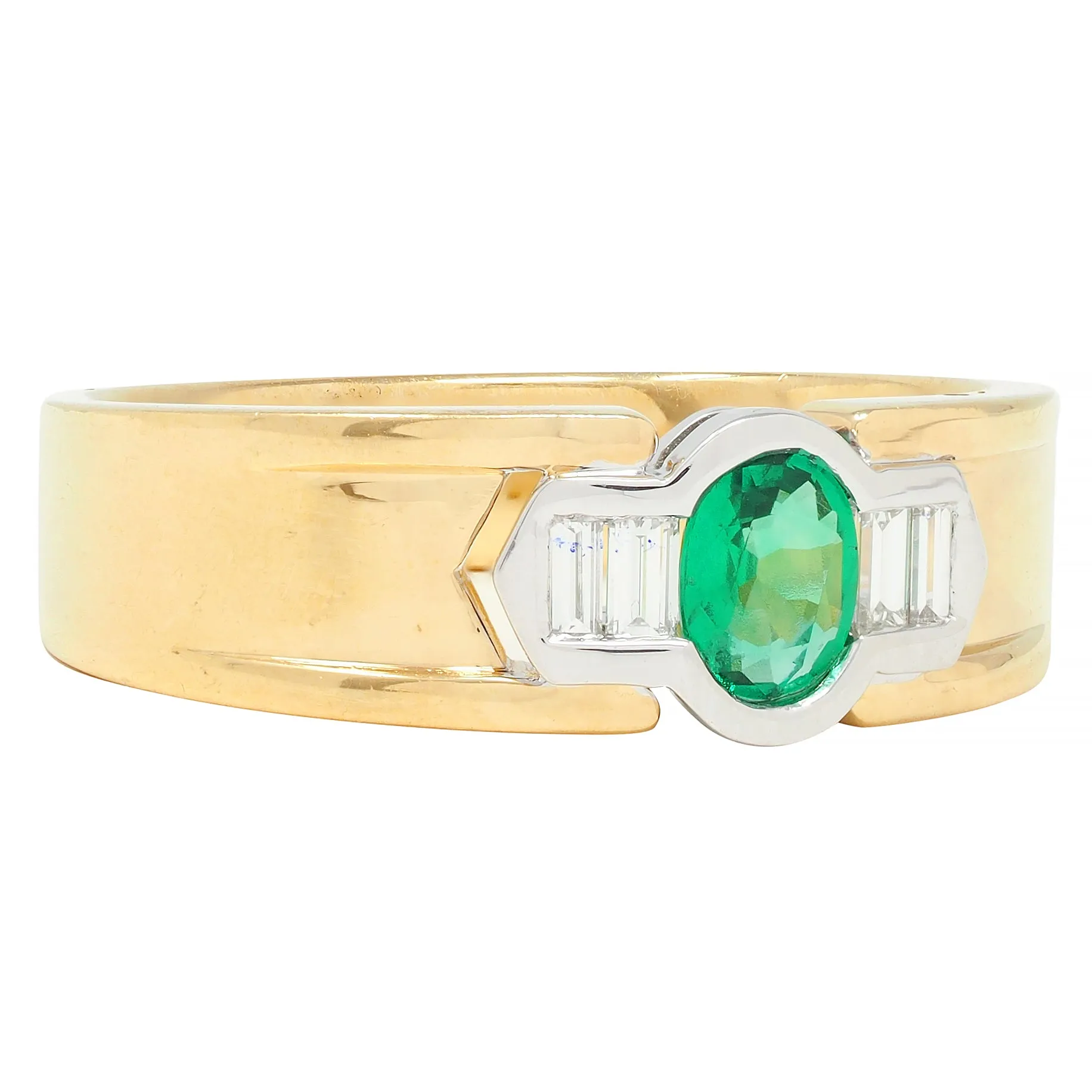 1960s 0.76 Emerald Diamond 18 Karat Two-Tone Gold Chevron Vintage Ring