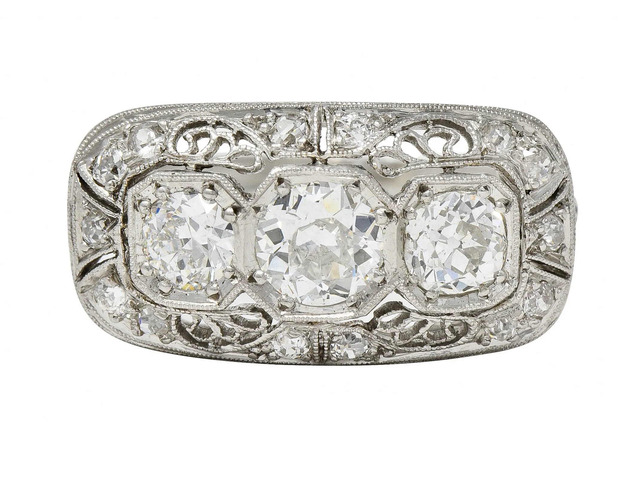 Art Deco 1.32 CTW Old European Cut Diamond Platinum Filigree Vintage Three Stone Ring