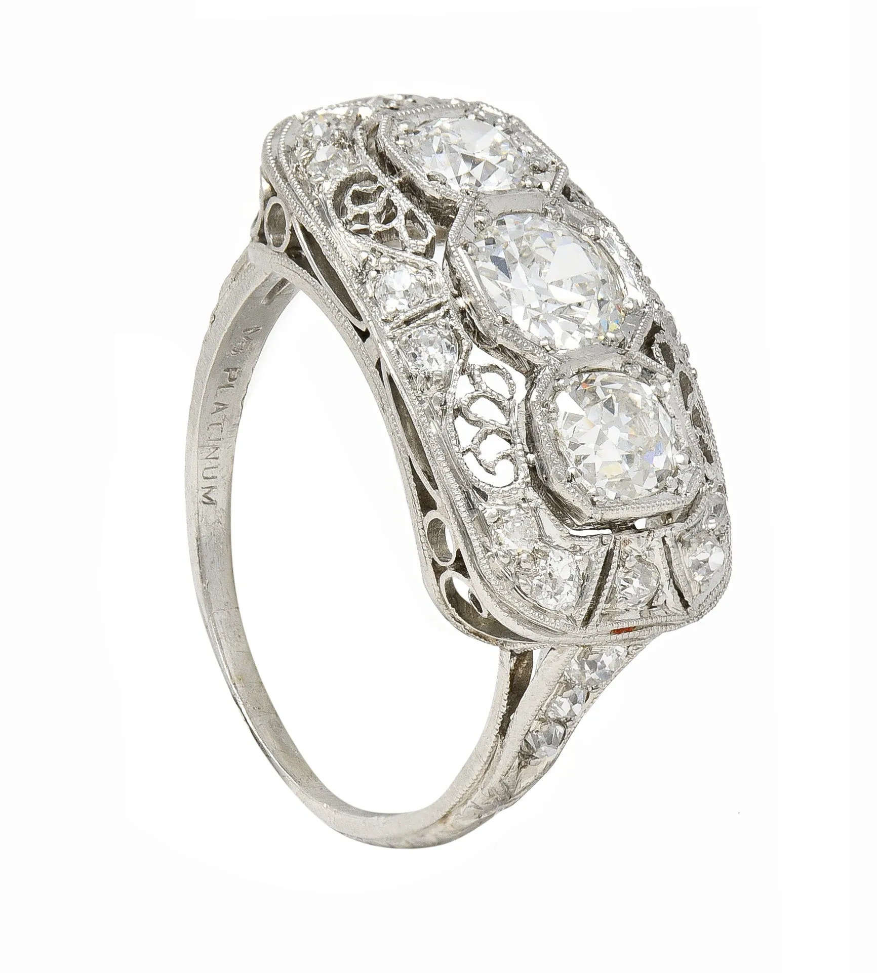 Art Deco 1.32 CTW Old European Cut Diamond Platinum Filigree Vintage Three Stone Ring