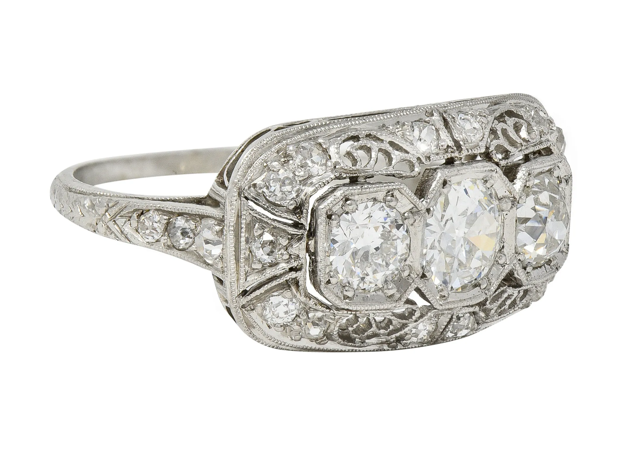 Art Deco 1.32 CTW Old European Cut Diamond Platinum Filigree Vintage Three Stone Ring