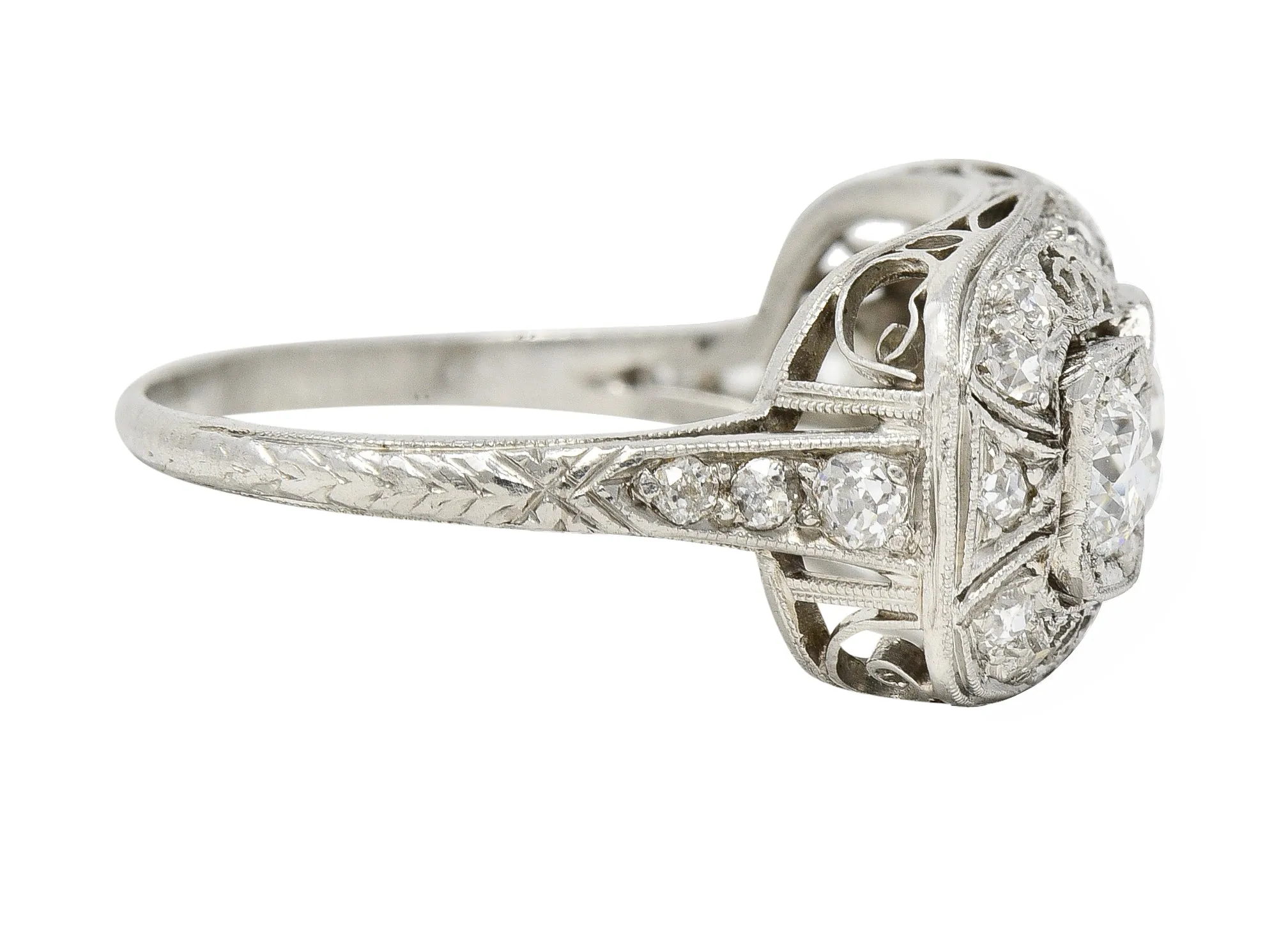 Art Deco 1.32 CTW Old European Cut Diamond Platinum Filigree Vintage Three Stone Ring