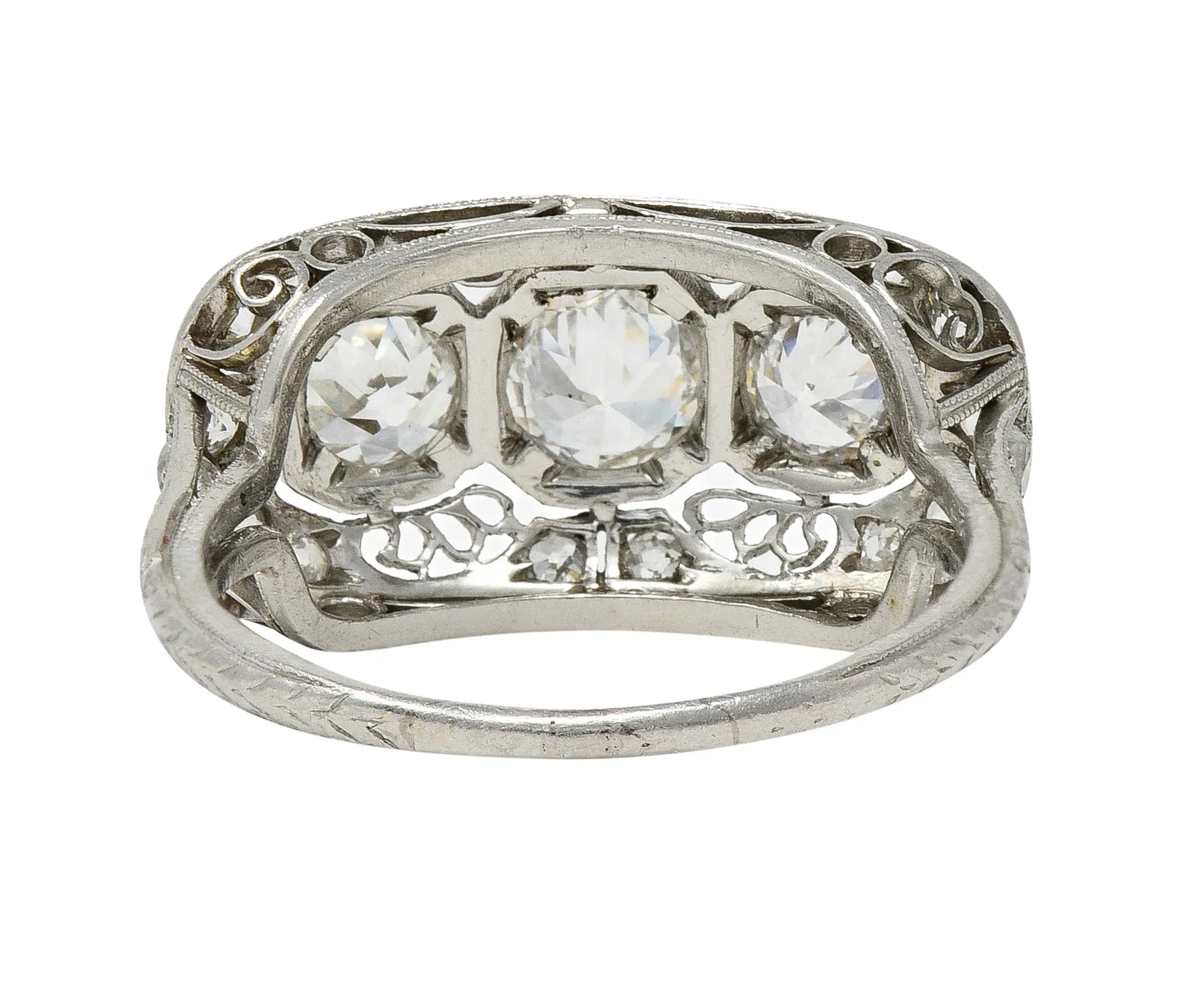 Art Deco 1.32 CTW Old European Cut Diamond Platinum Filigree Vintage Three Stone Ring