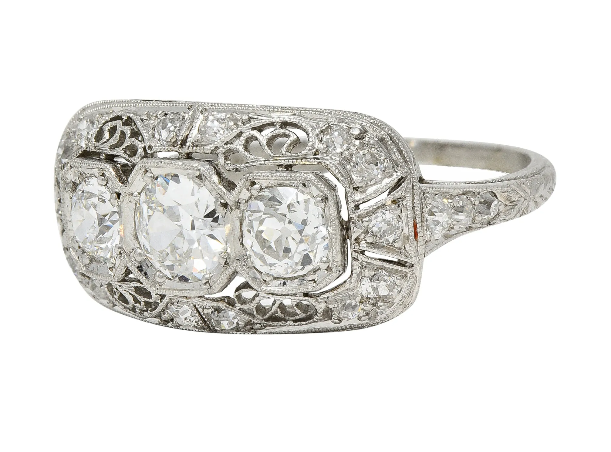 Art Deco 1.32 CTW Old European Cut Diamond Platinum Filigree Vintage Three Stone Ring