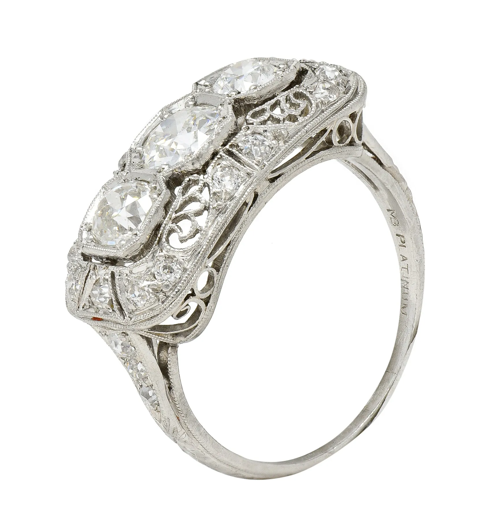 Art Deco 1.32 CTW Old European Cut Diamond Platinum Filigree Vintage Three Stone Ring