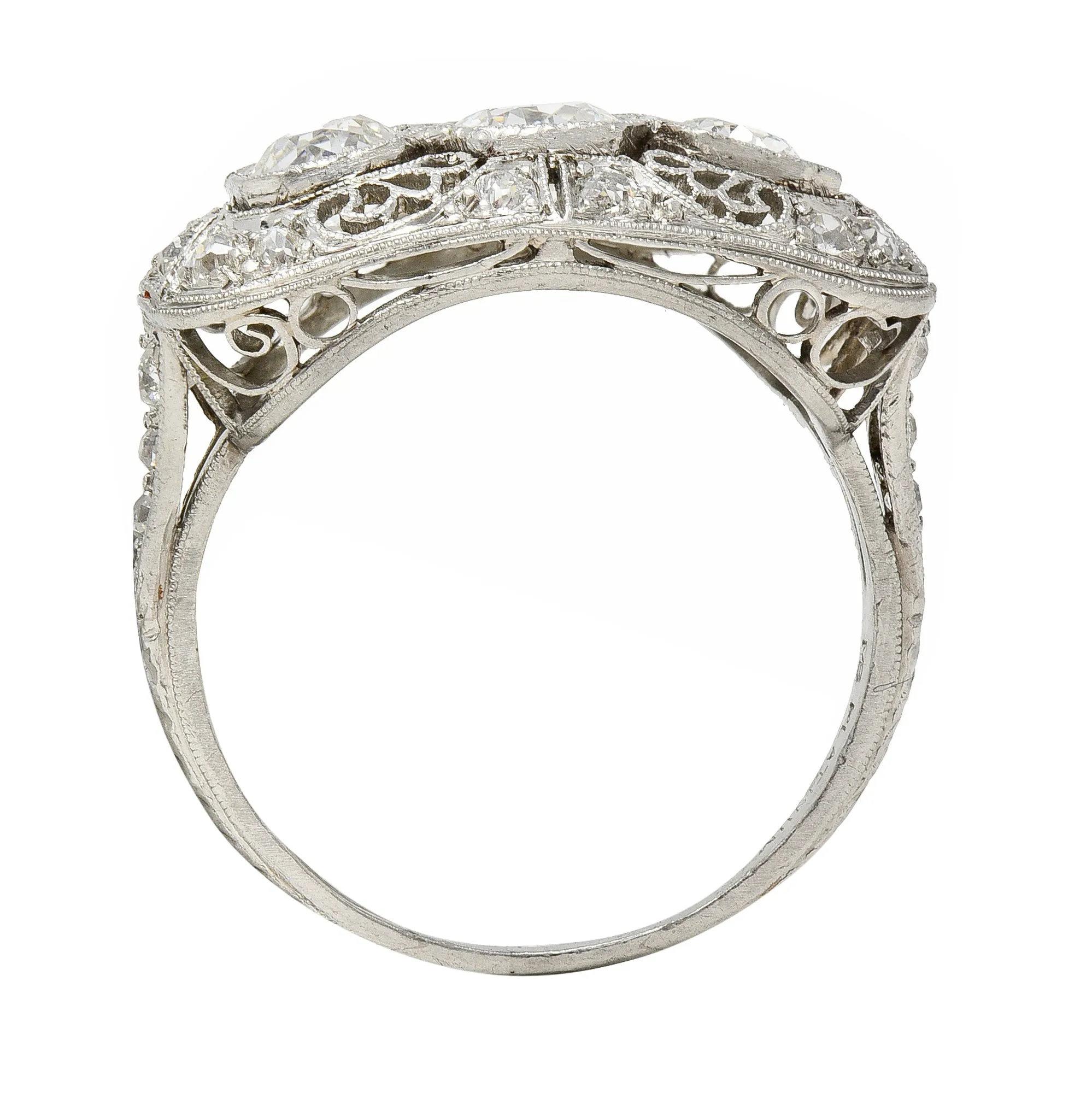 Art Deco 1.32 CTW Old European Cut Diamond Platinum Filigree Vintage Three Stone Ring