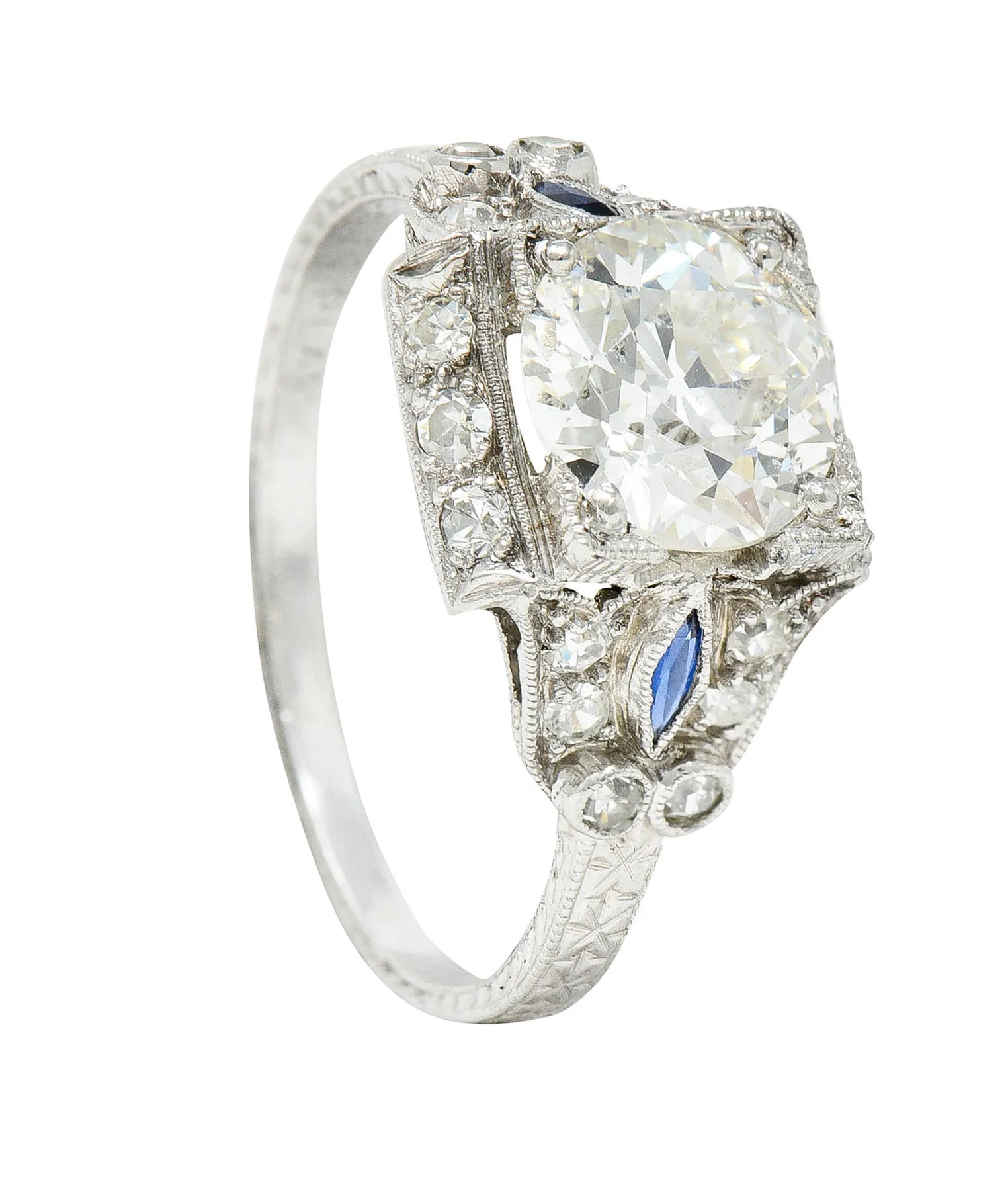 Art Deco 2.01 CTW Diamond Sapphire Platinum Vintage Engagement Ring