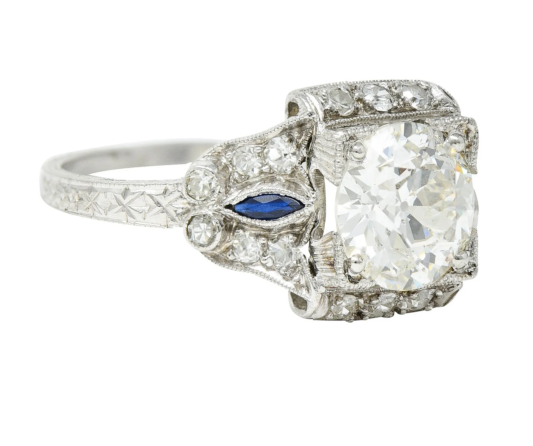 Art Deco 2.01 CTW Diamond Sapphire Platinum Vintage Engagement Ring