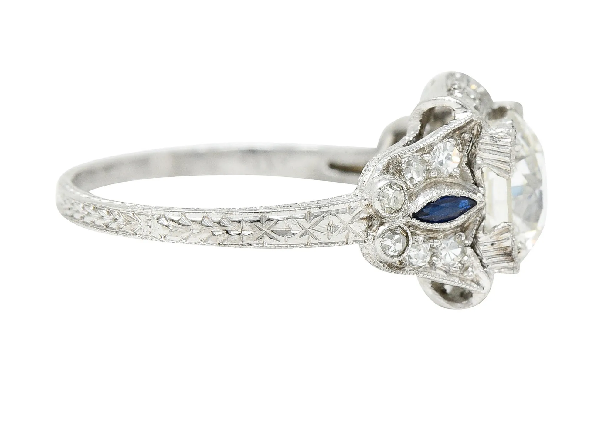 Art Deco 2.01 CTW Diamond Sapphire Platinum Vintage Engagement Ring