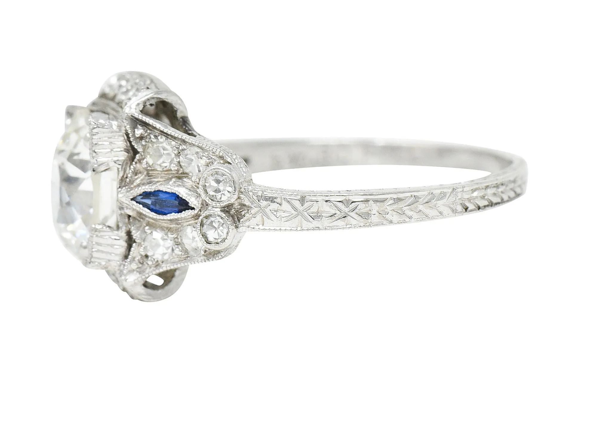 Art Deco 2.01 CTW Diamond Sapphire Platinum Vintage Engagement Ring