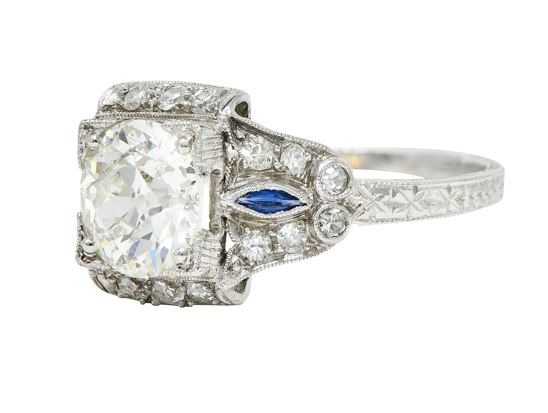 Art Deco 2.01 CTW Diamond Sapphire Platinum Vintage Engagement Ring