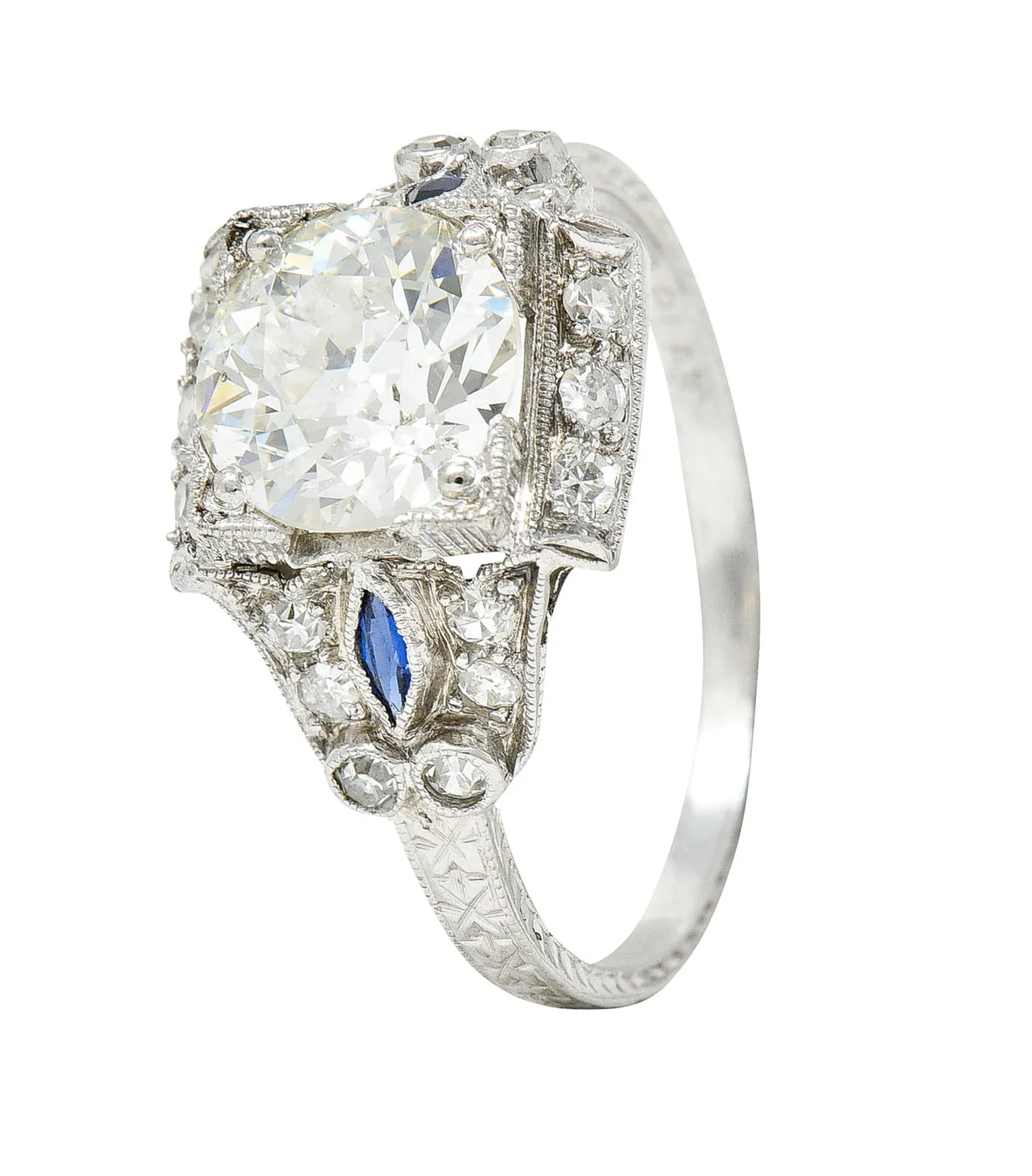 Art Deco 2.01 CTW Diamond Sapphire Platinum Vintage Engagement Ring