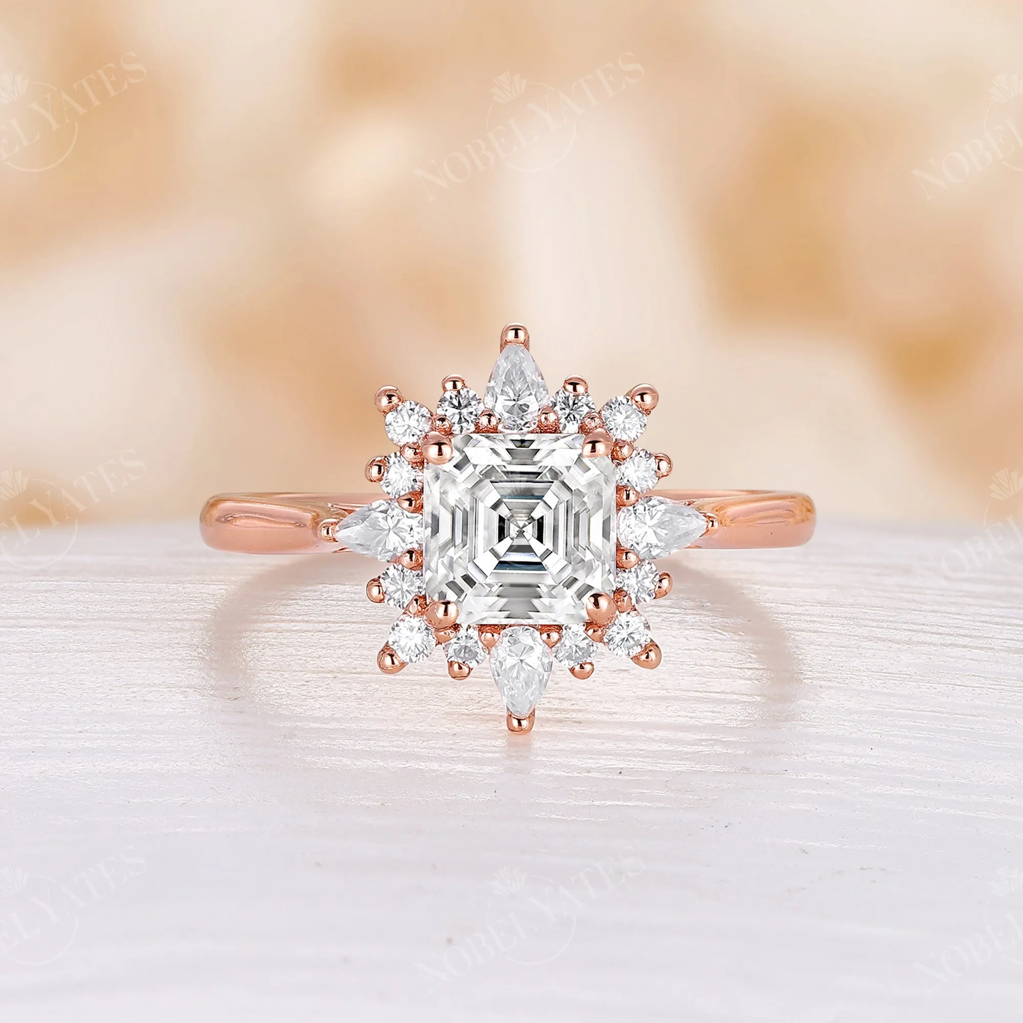 Asscher Cut Moissanite Vintage Halo Engagement Ring Rose Gold