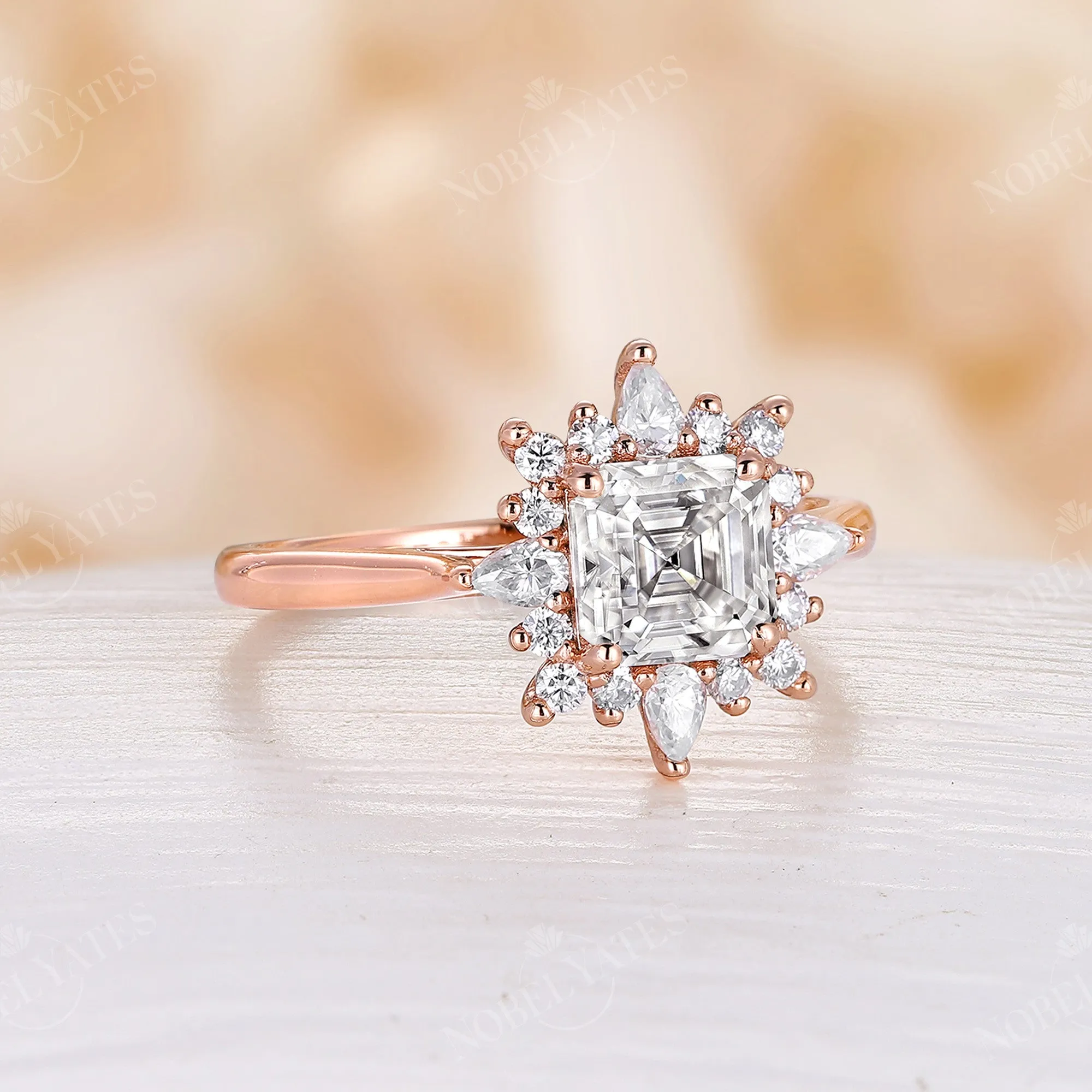 Asscher Cut Moissanite Vintage Halo Engagement Ring Rose Gold