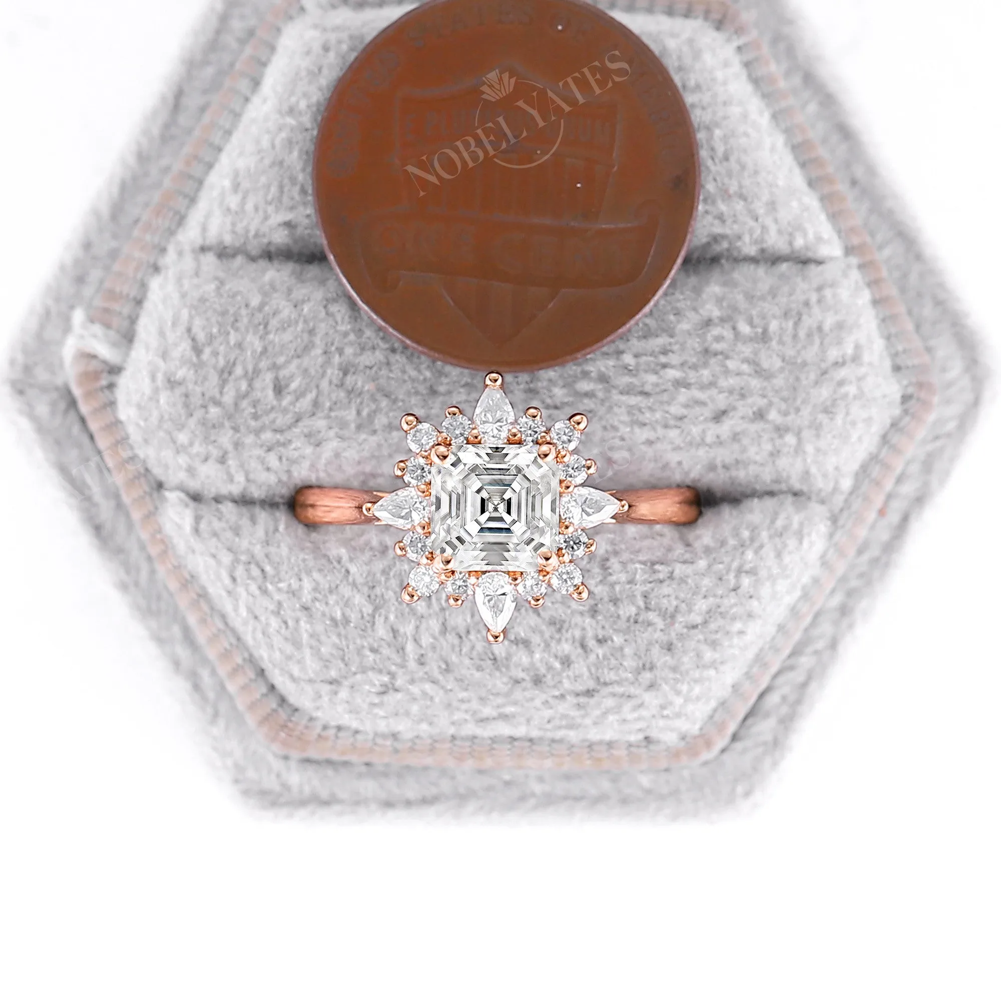 Asscher Cut Moissanite Vintage Halo Engagement Ring Rose Gold