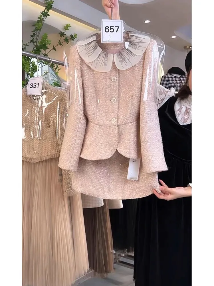 Autumn 2023 new Internet celebrity small fragrance suit, feminine and socialite slimming doll collar coat and skirt two-piece se