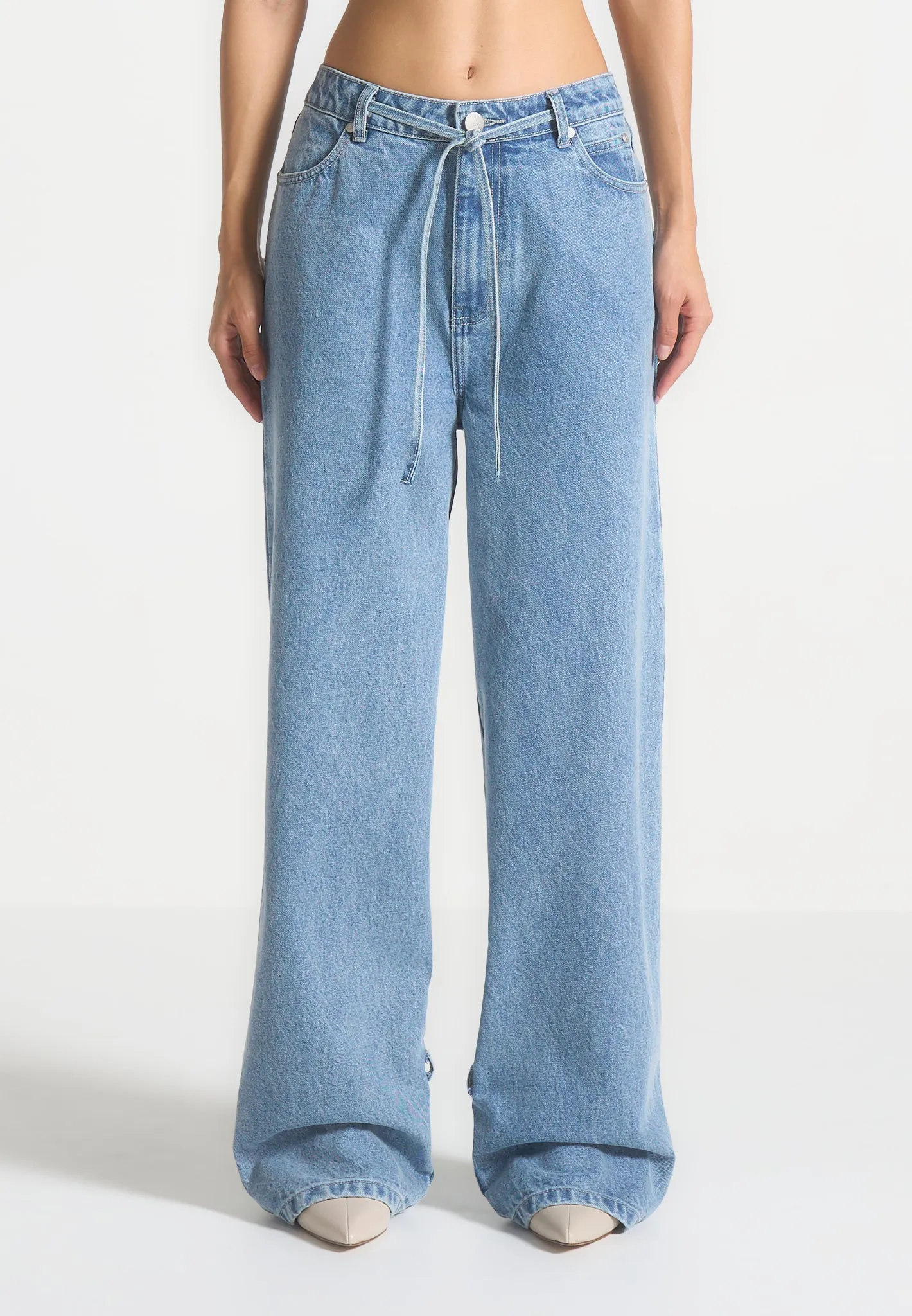 Baggy Mid Rise Jeans with Tie Waist - Mid Blue