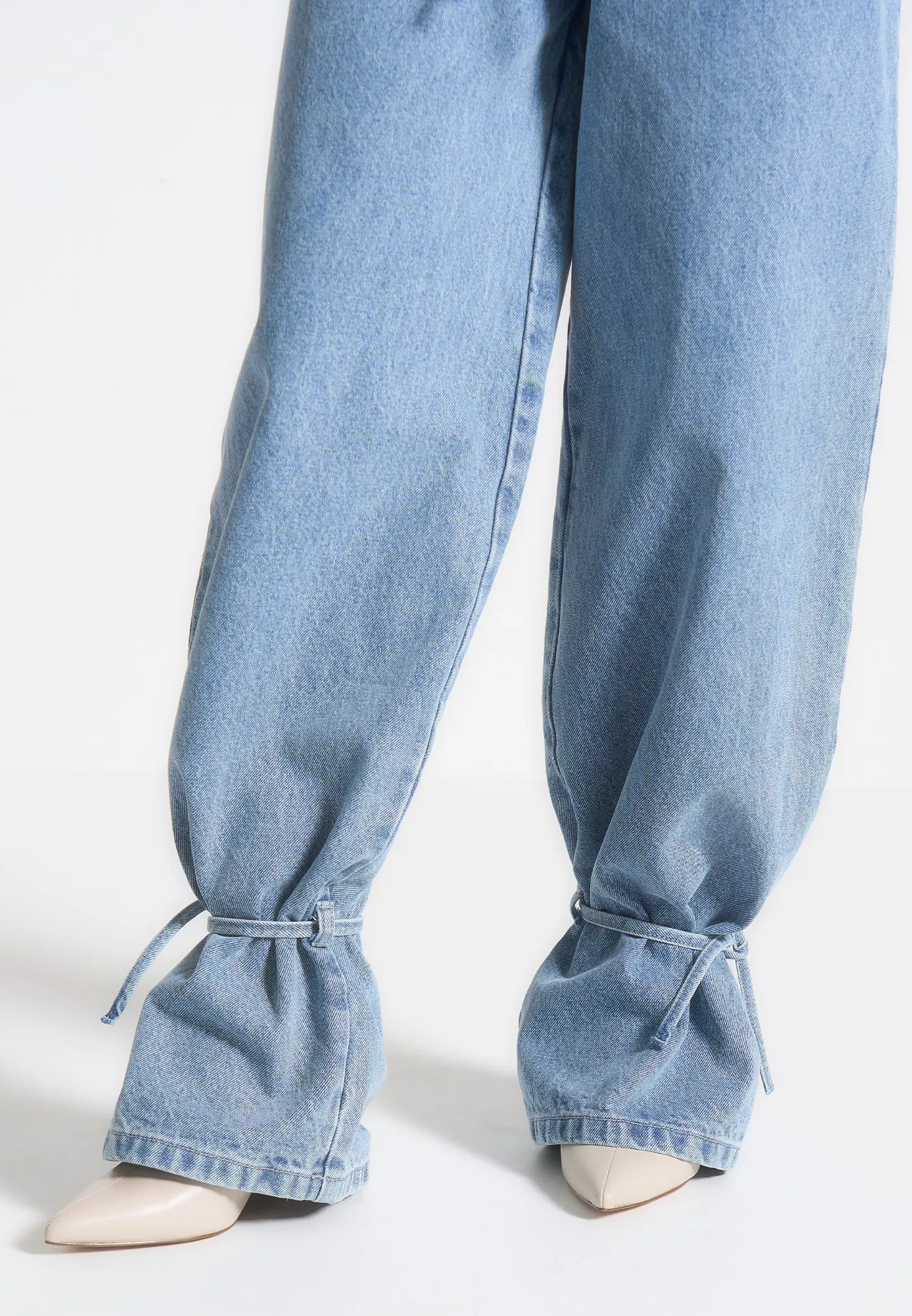 Baggy Mid Rise Jeans with Tie Waist - Mid Blue