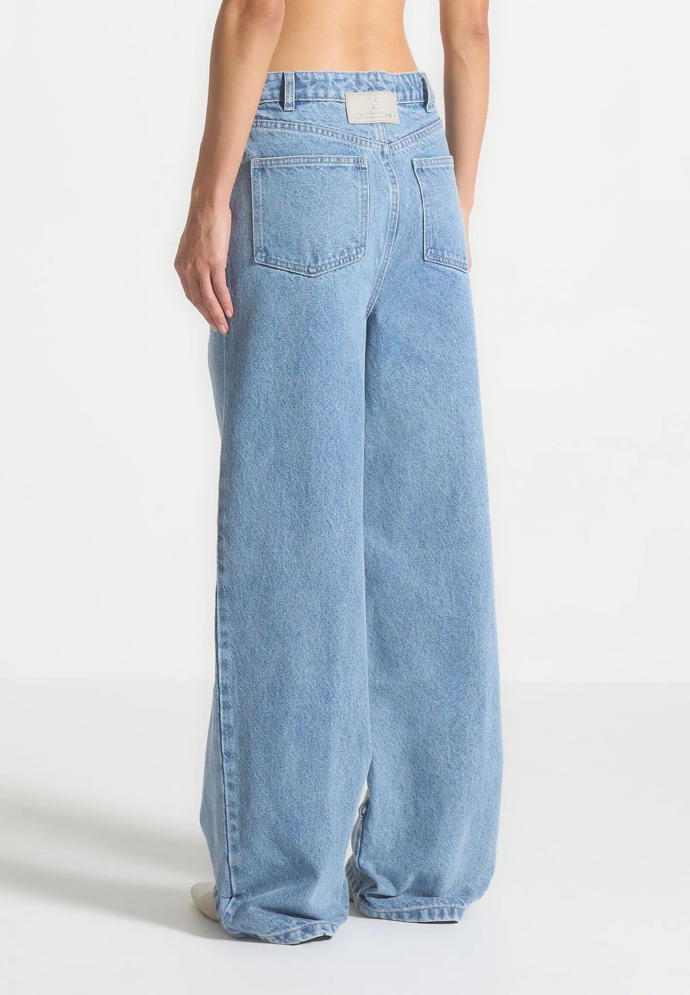 Baggy Mid Rise Jeans with Tie Waist - Mid Blue