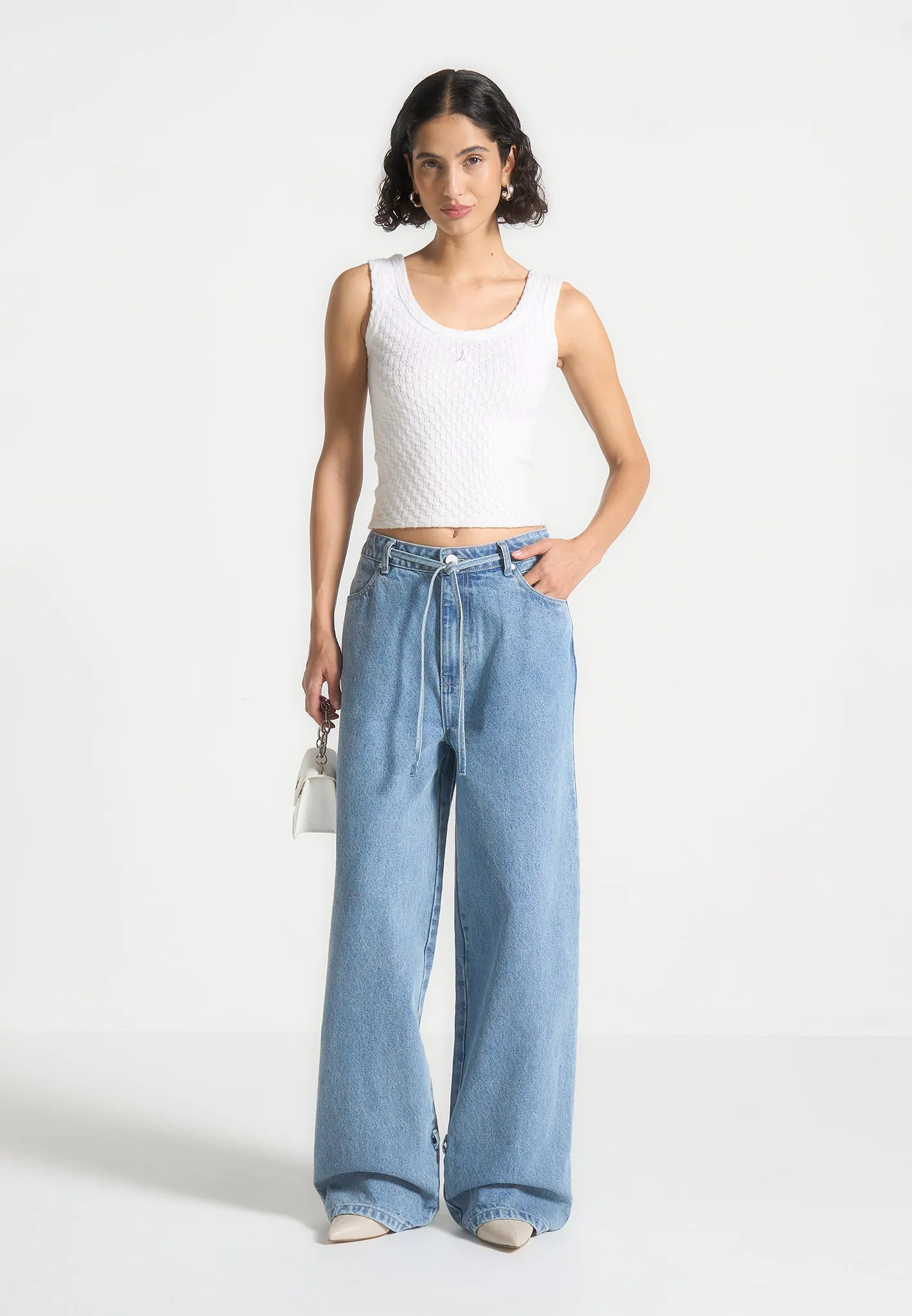 Baggy Mid Rise Jeans with Tie Waist - Mid Blue