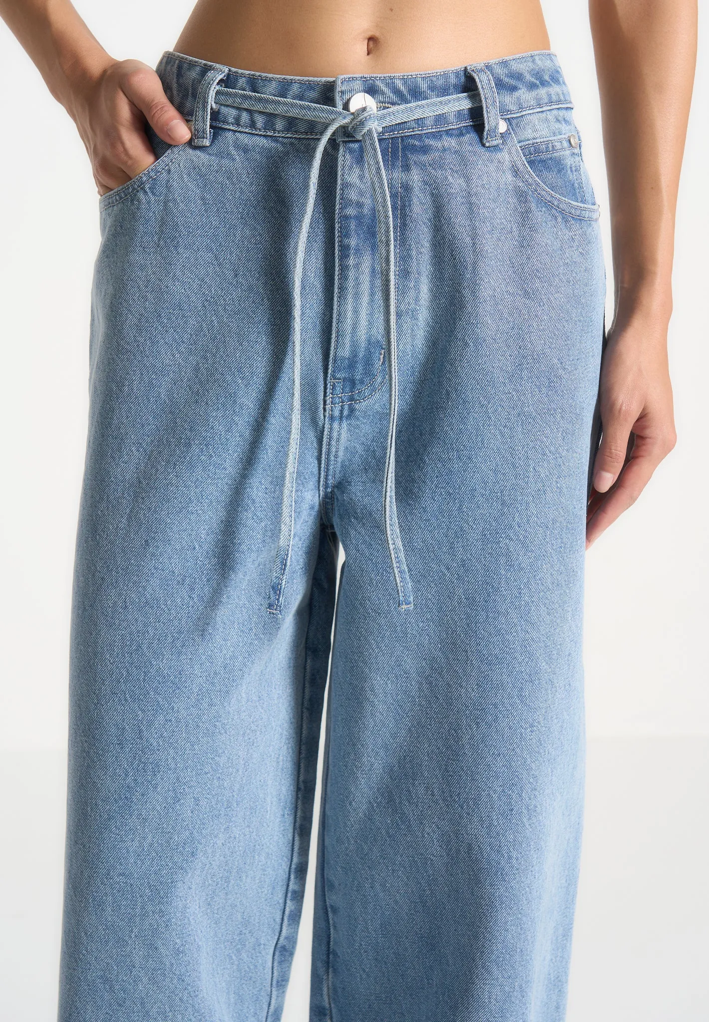 Baggy Mid Rise Jeans with Tie Waist - Mid Blue