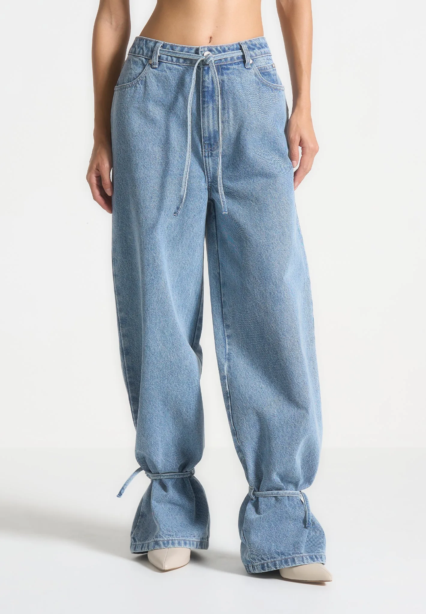 Baggy Mid Rise Jeans with Tie Waist - Mid Blue