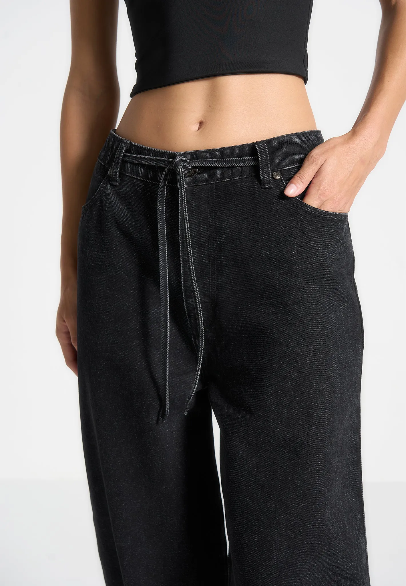 Baggy Mid Rise Jeans with Tie Waist - Washed Black