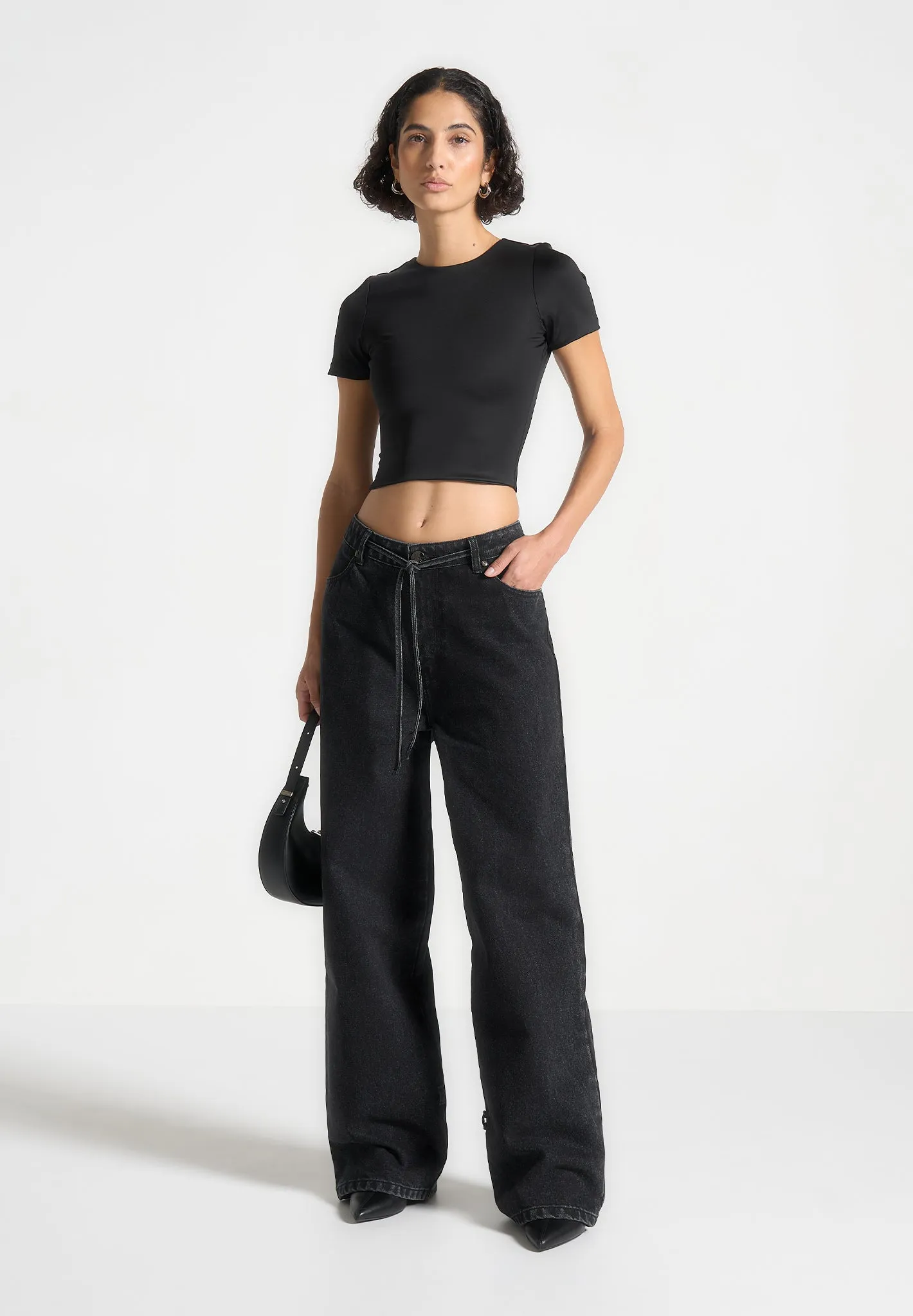 Baggy Mid Rise Jeans with Tie Waist - Washed Black