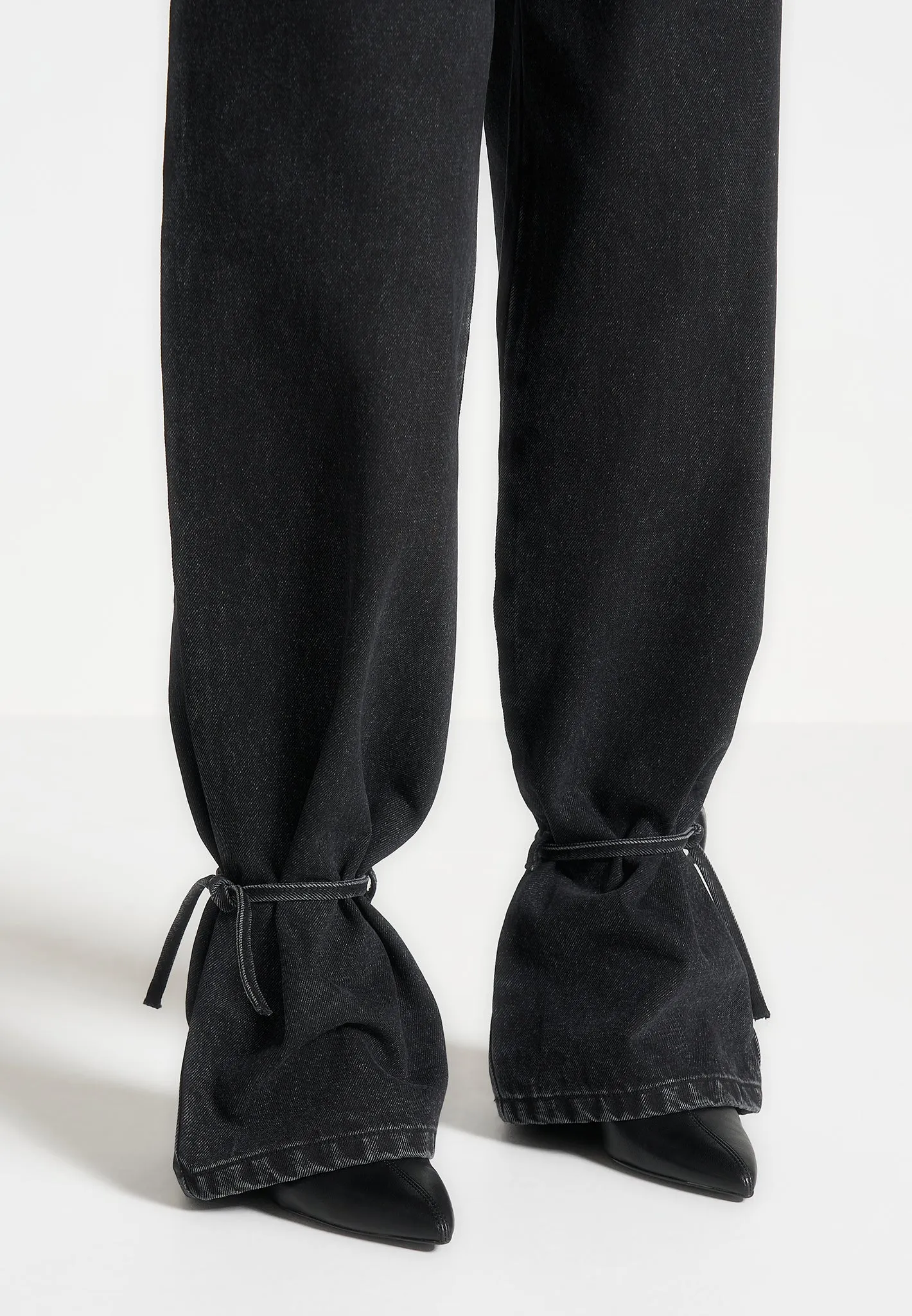 Baggy Mid Rise Jeans with Tie Waist - Washed Black