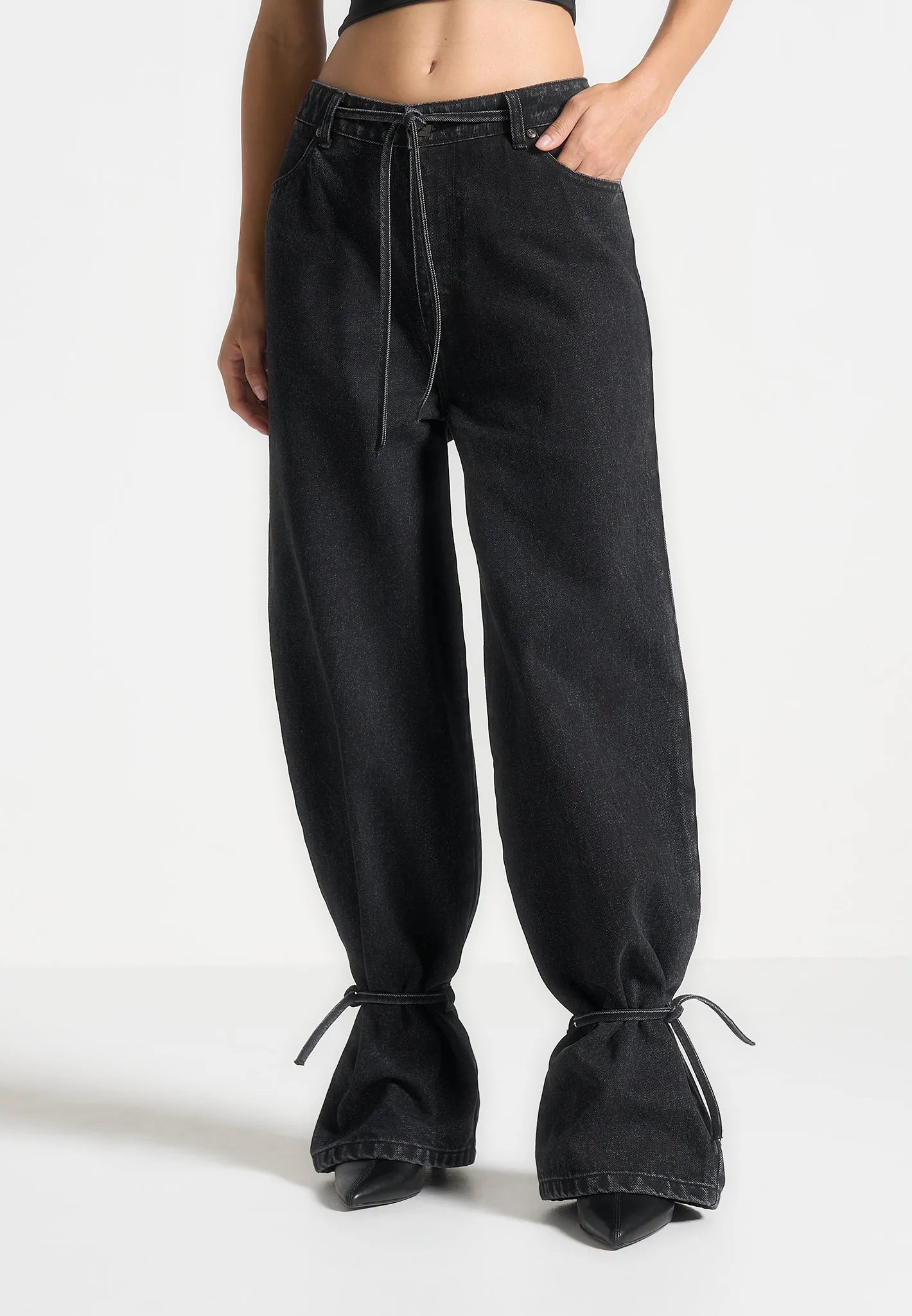 Baggy Mid Rise Jeans with Tie Waist - Washed Black