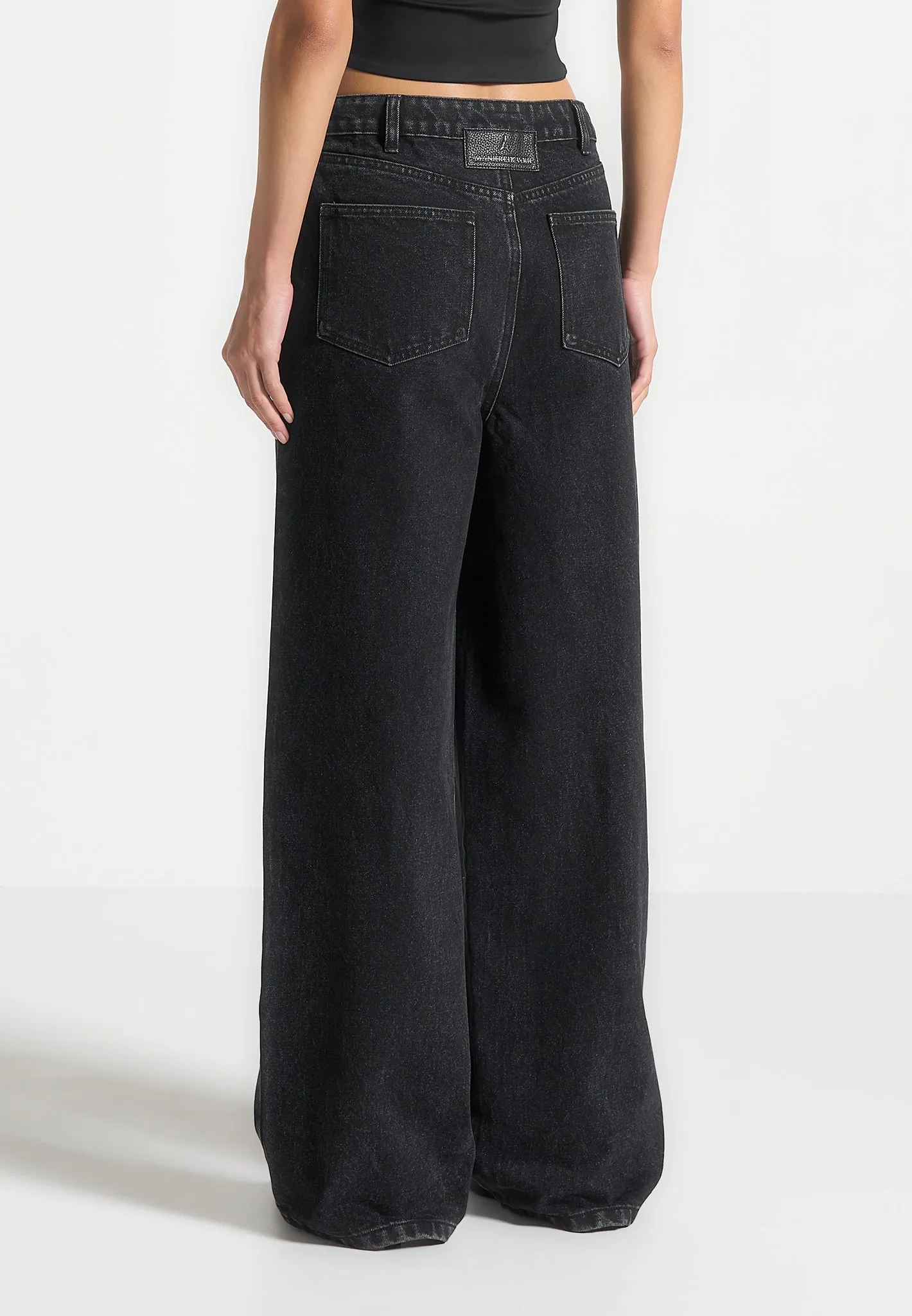 Baggy Mid Rise Jeans with Tie Waist - Washed Black