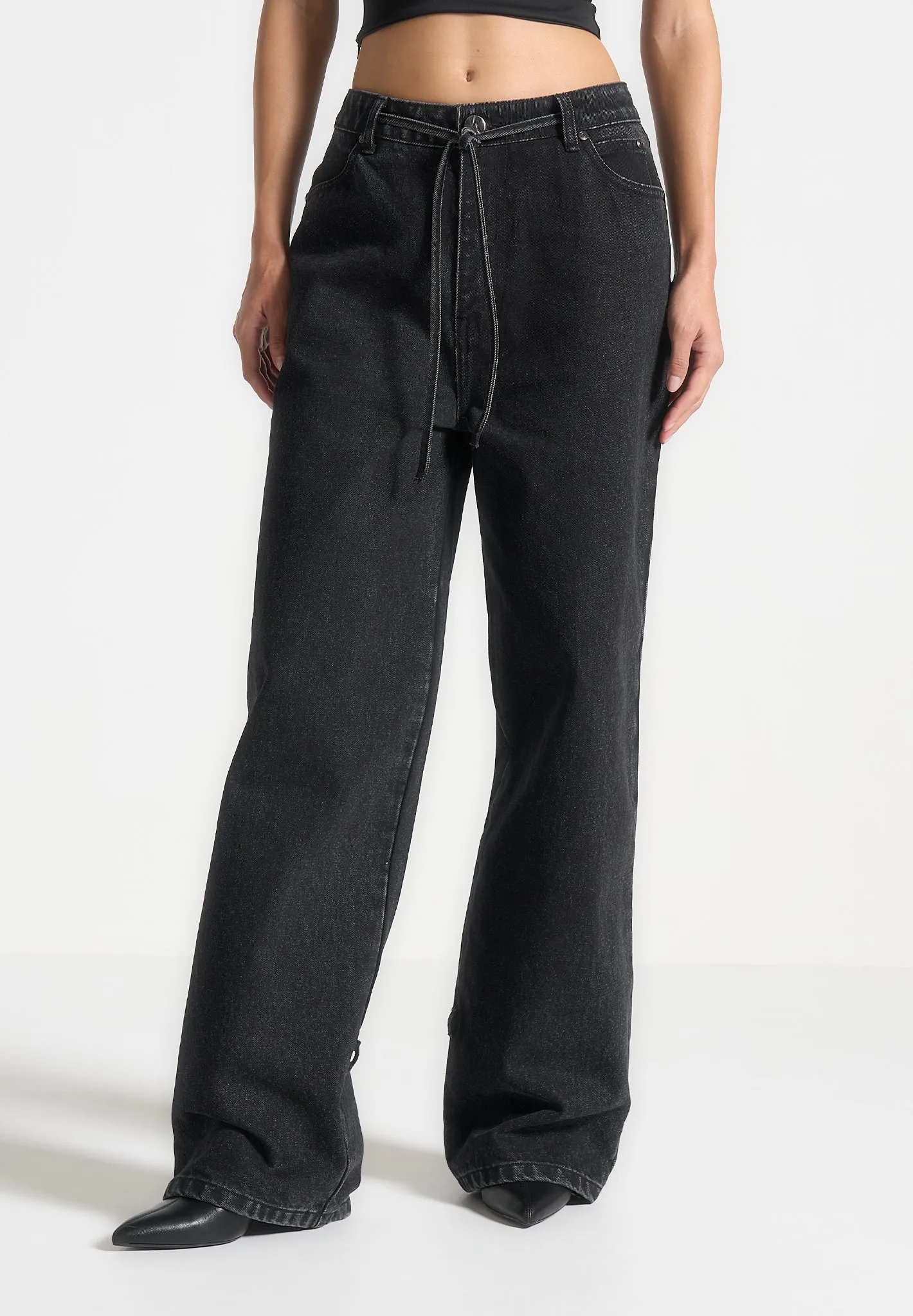 Baggy Mid Rise Jeans with Tie Waist - Washed Black