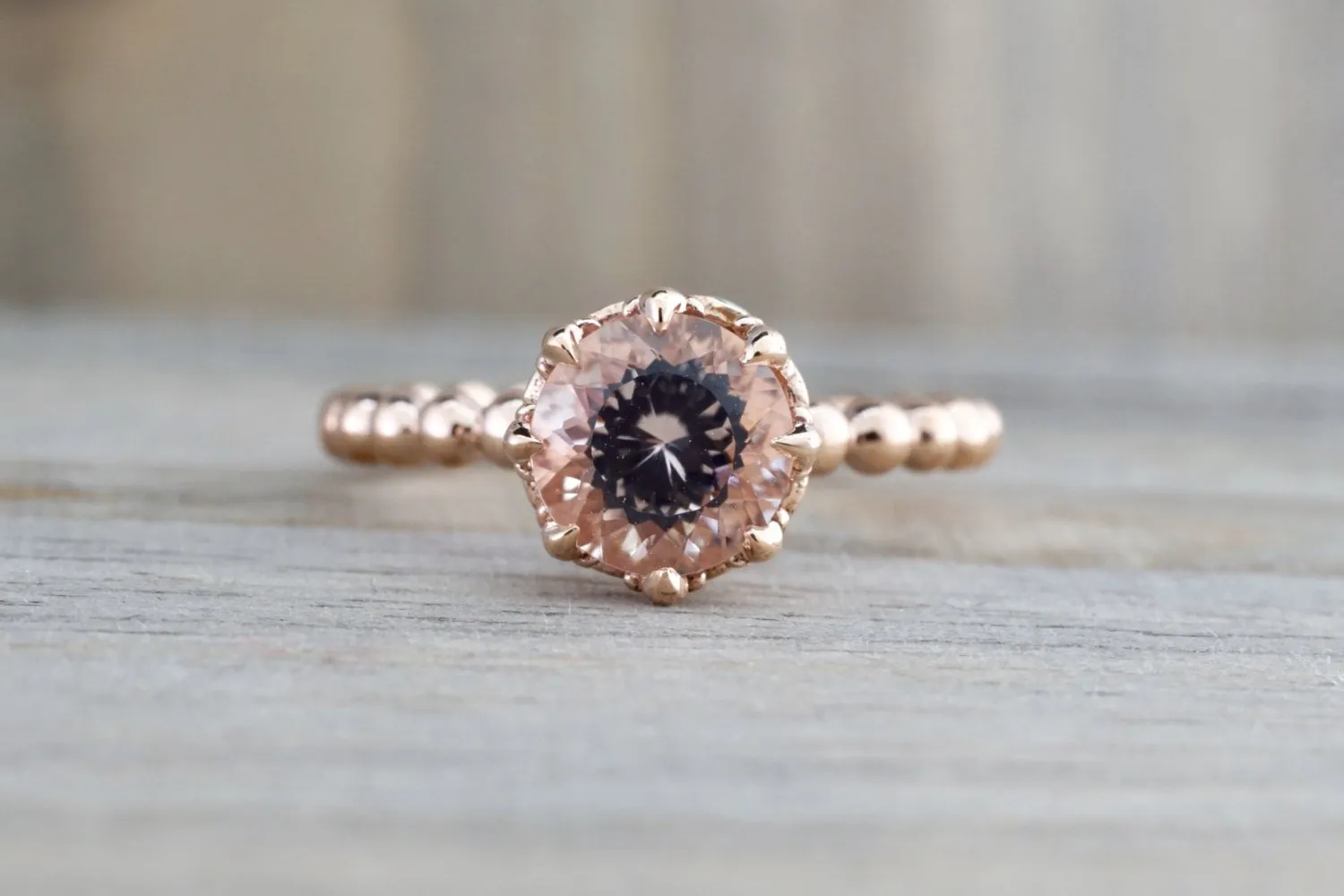 BelAir 14k Rose Gold Round 7mm Morganite Pinkish Engagement Ring Crown Vintage Design Diamonds